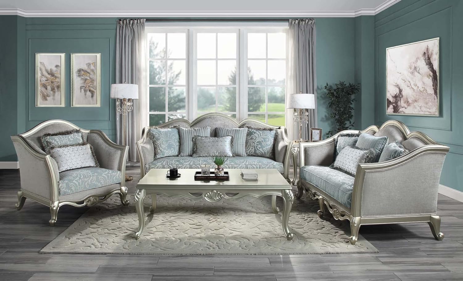 Light Gray And Champagne Linen Damask Loveseat and Toss Pillows By Homeroots - Image 7