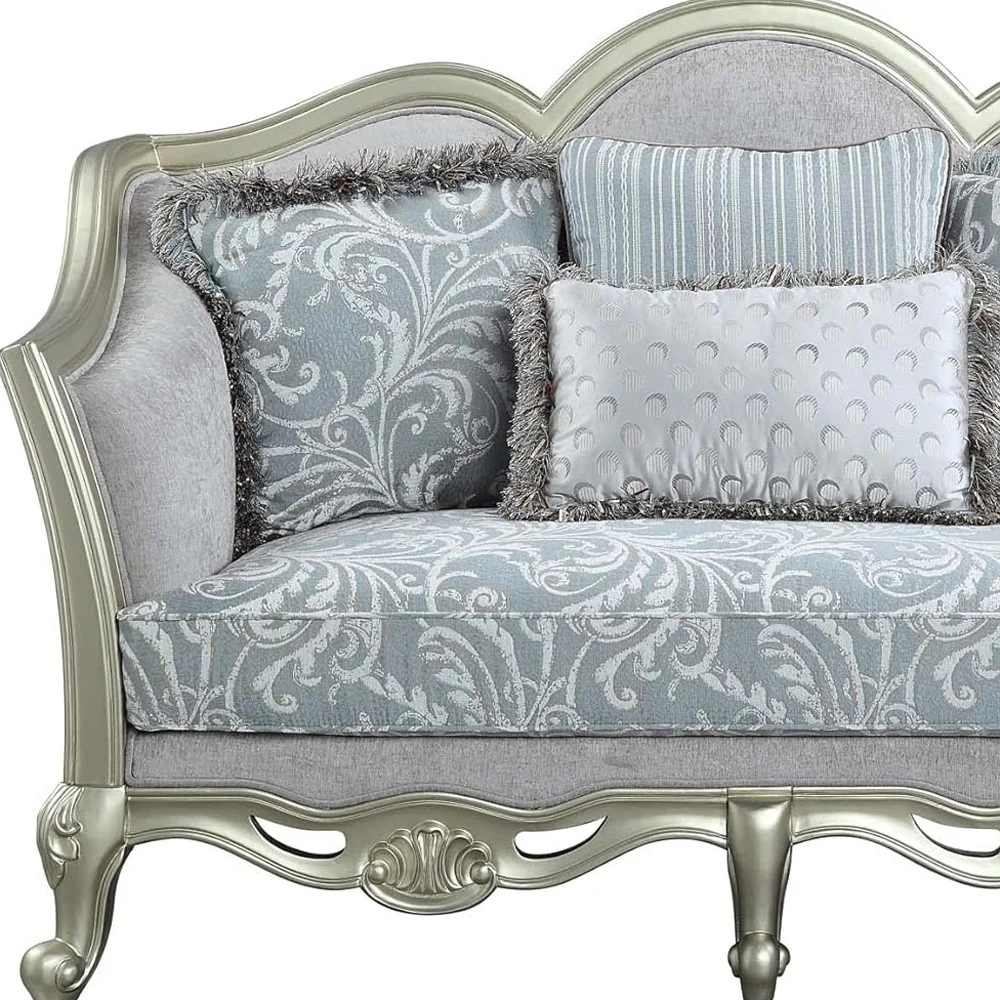Light Gray And Champagne Linen Damask Loveseat and Toss Pillows By Homeroots - Image 8