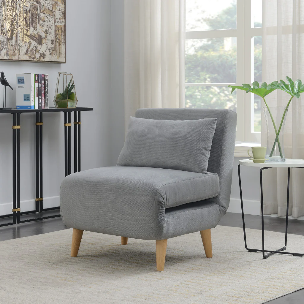 Light Gray and Natural Upholstered Convertible Chair And Toss Pillow By Homeroots - Image 2