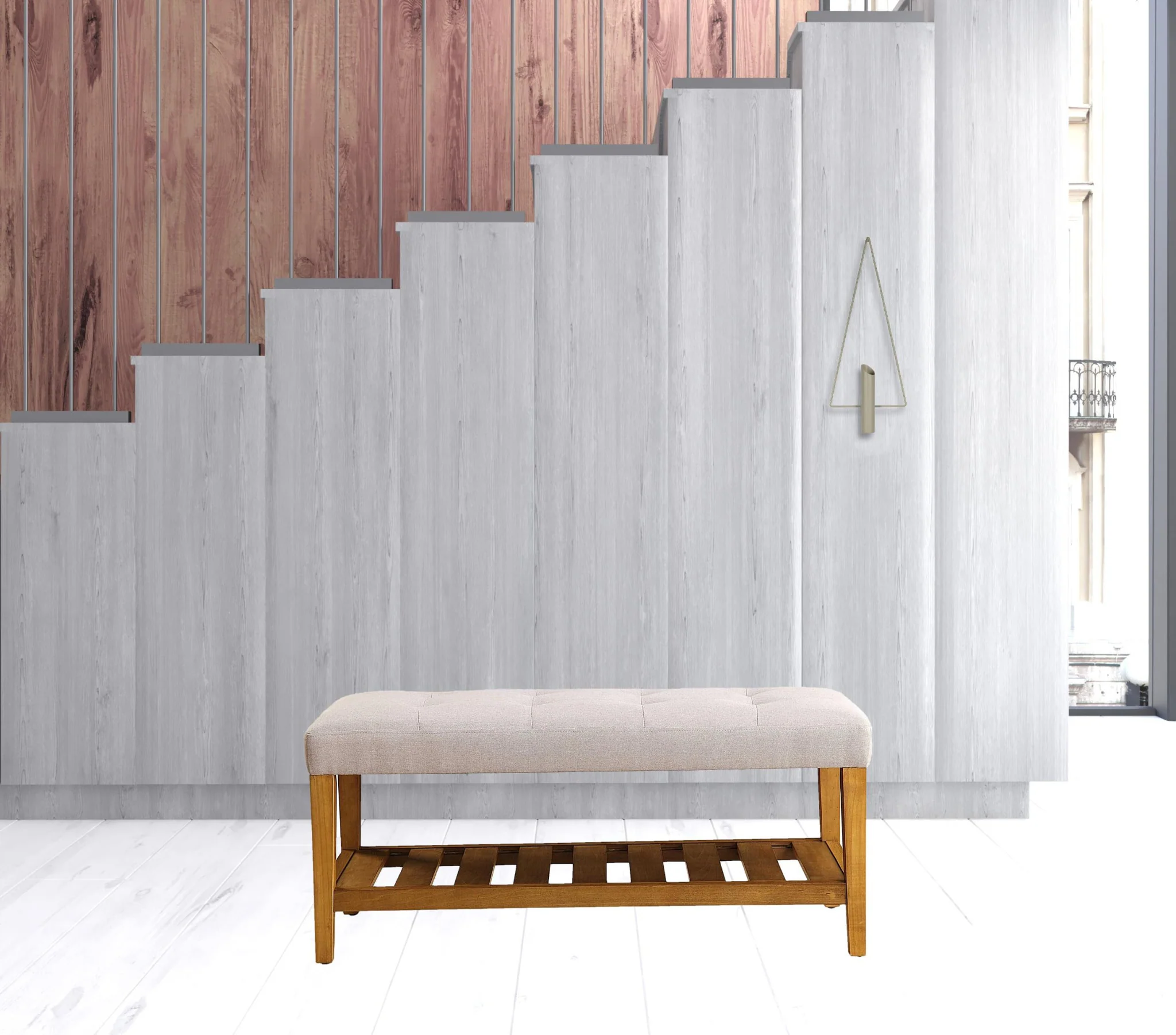 Light Gray And Oak Simple Bench By Homeroots - Image 2