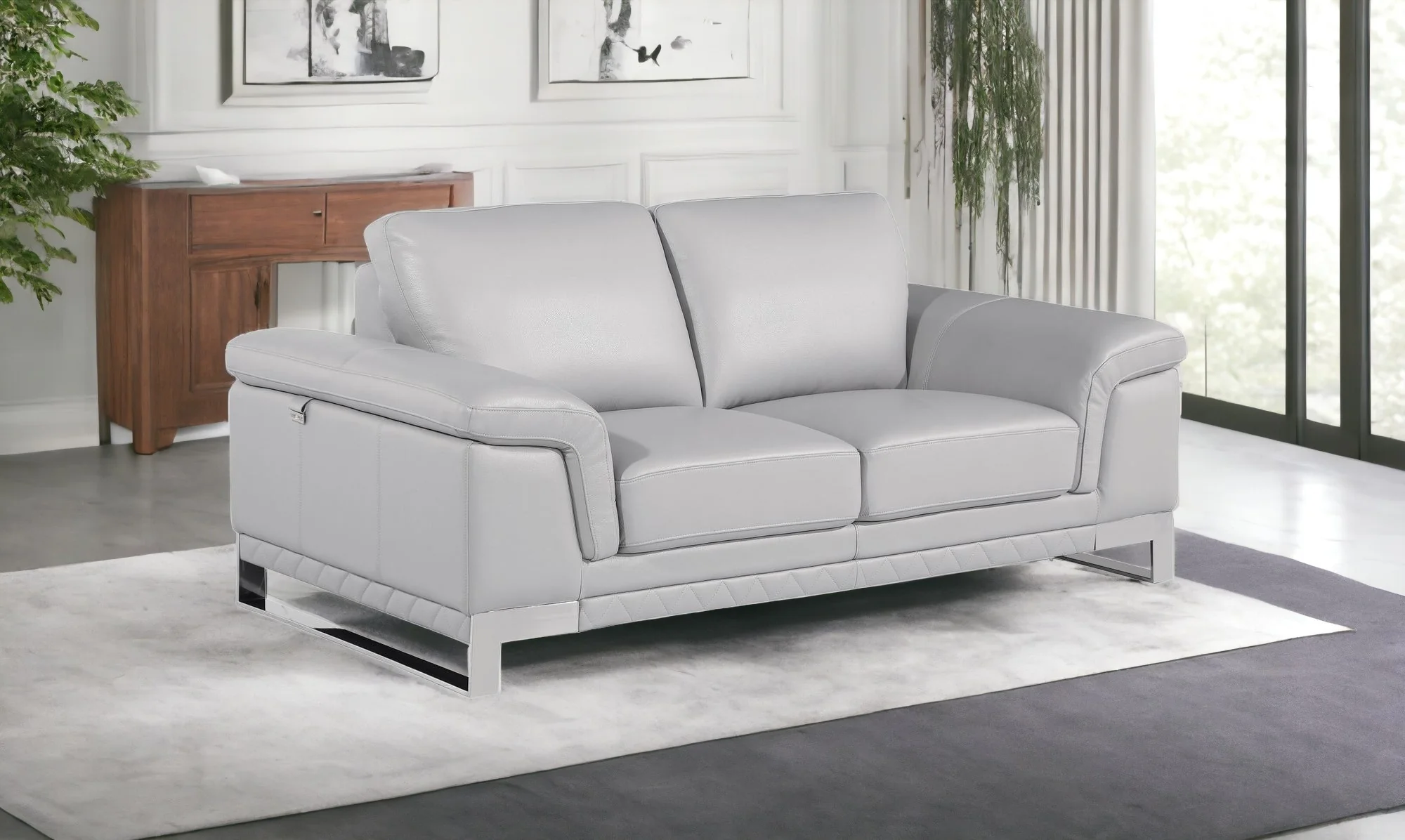 Light Gray And Silver Genuine Leather Loveseat By Homeroots - Image 3