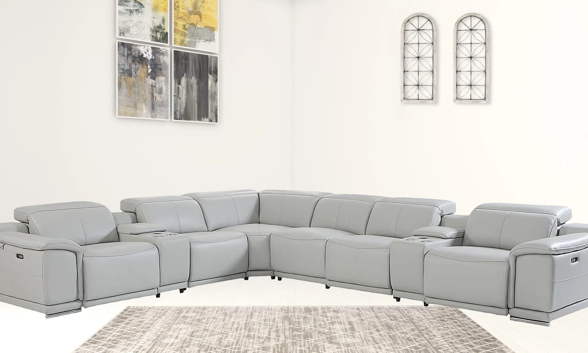 Light Gray Italian Leather Power Reclining L Shaped Eight Piece Corner Sectional With Console By Homeroots - Image 4