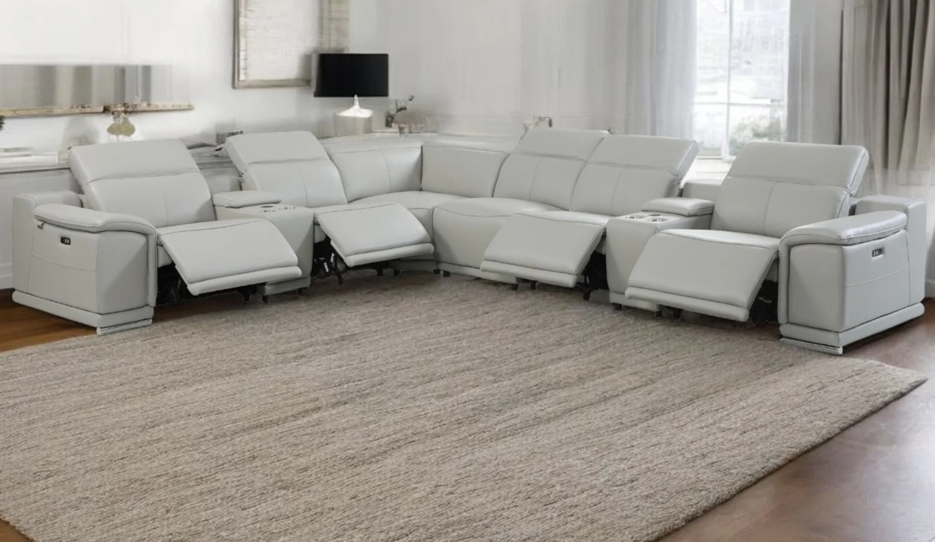 Light Gray Italian Leather Power Reclining U Shaped Eight Piece Corner Sectional With Console By Homeroots - Image 2