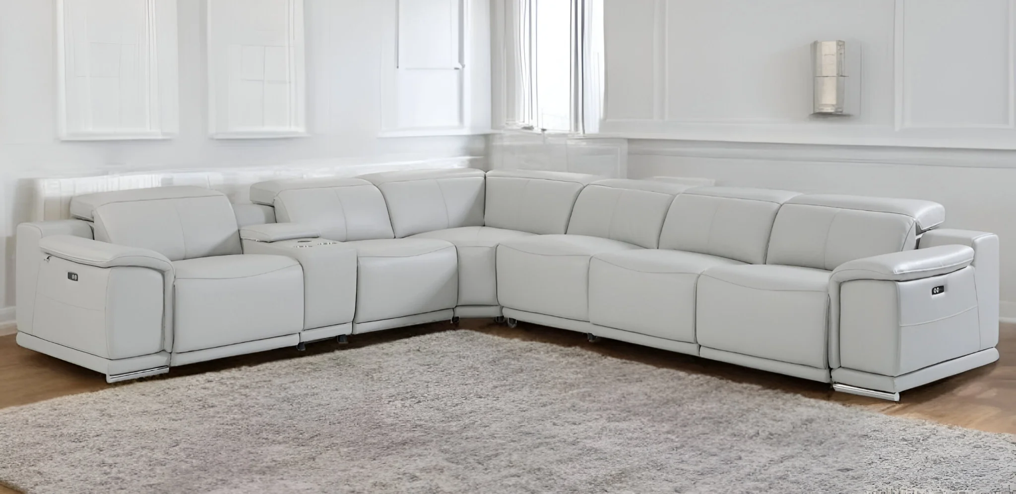 Light Gray Italian Leather Power Reclining U Shaped Seven Piece Corner Sectional With Console By Homeroots - Image 2