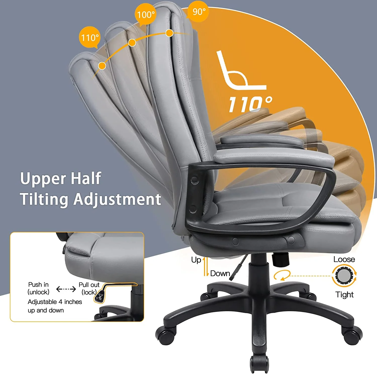 Light Gray Leather Executive Chair with Lumbar Support By Homeroots - Image 8