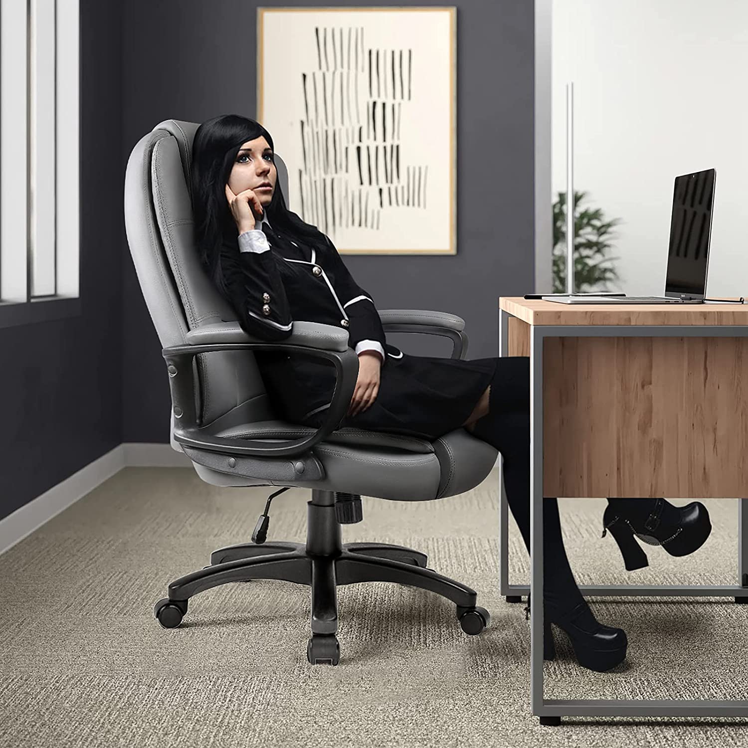 Light Gray Leather Executive Chair with Lumbar Support By Homeroots - Image 9