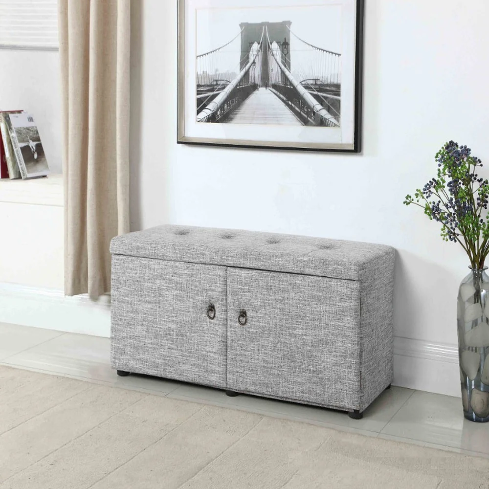 Light Gray Linen Look Double Door Shoe Storage Bench By Homeroots - Image 6