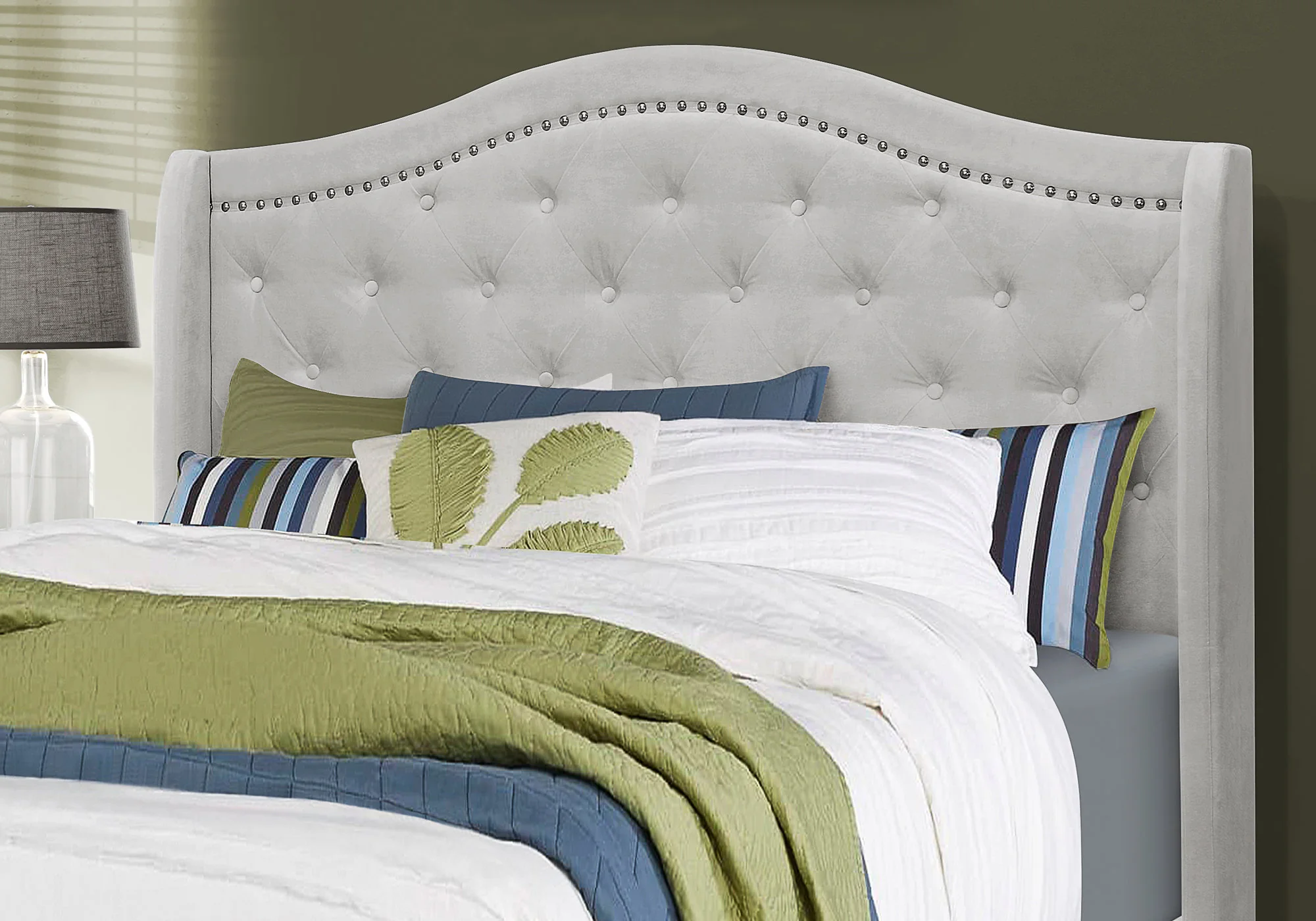 Light Grey Foam Solid Wood Velvet Queen Size Bed With A Chrome Trim By Homeroots - Image 2