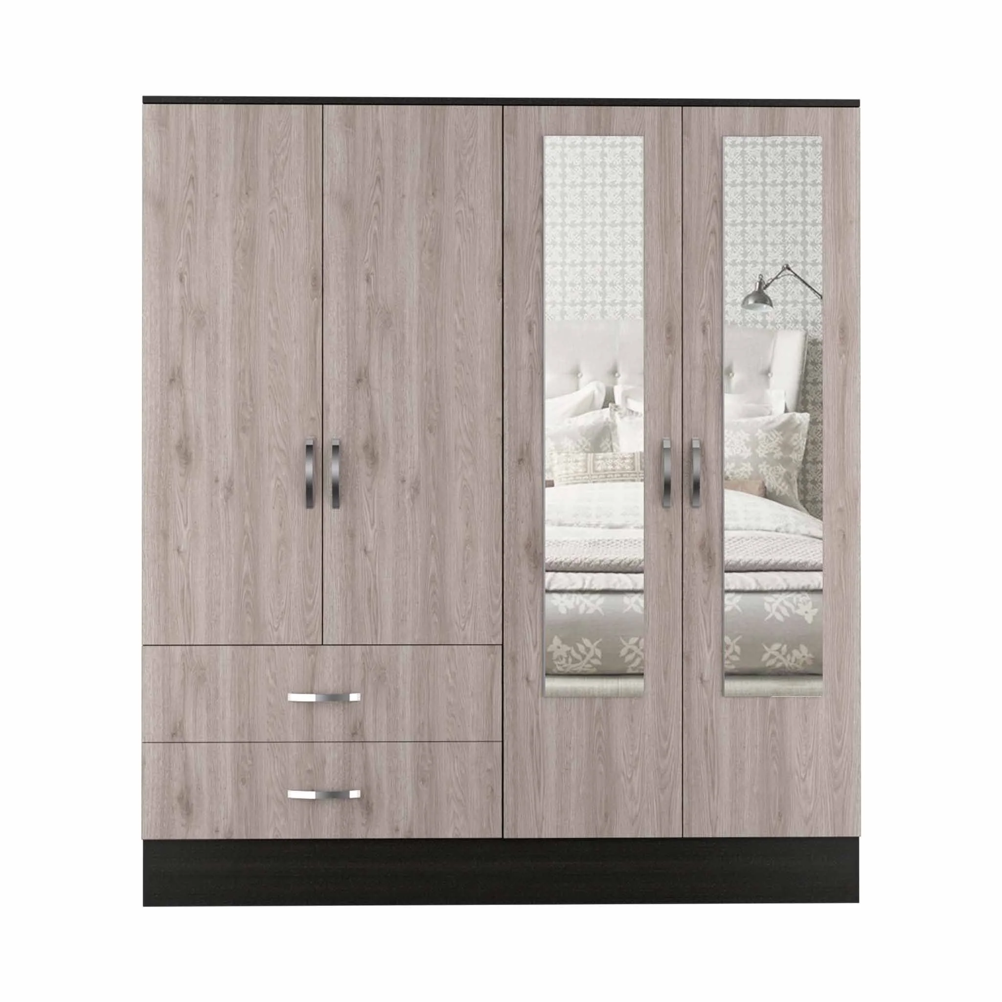Light Oak and Black Four Door Wardrobe Closet with Mirrors By Homeroots - Image 2