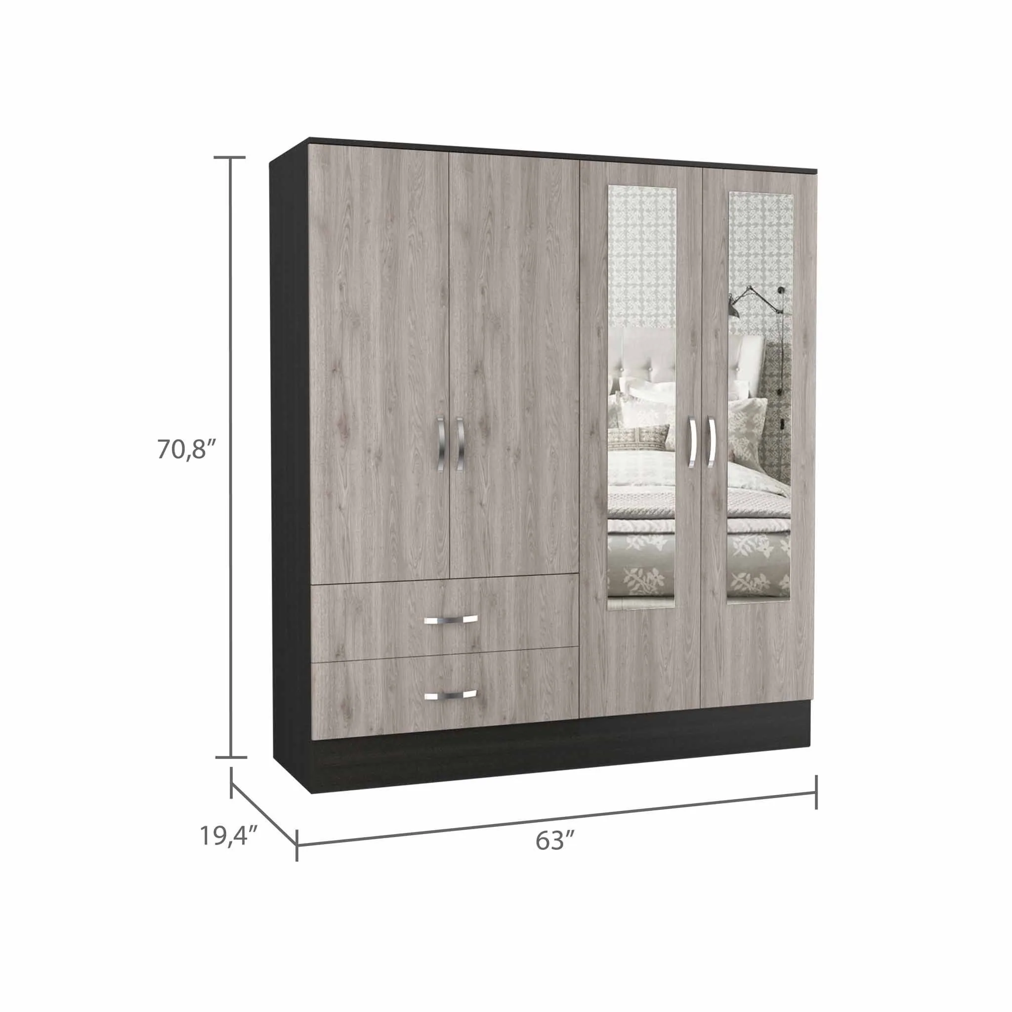 Light Oak and Black Four Door Wardrobe Closet with Mirrors By Homeroots - Image 3