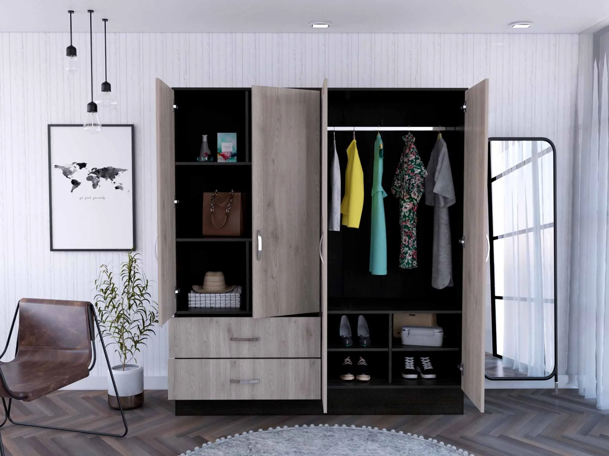 Light Oak and Black Four Door Wardrobe Closet with Mirrors By Homeroots - Image 4