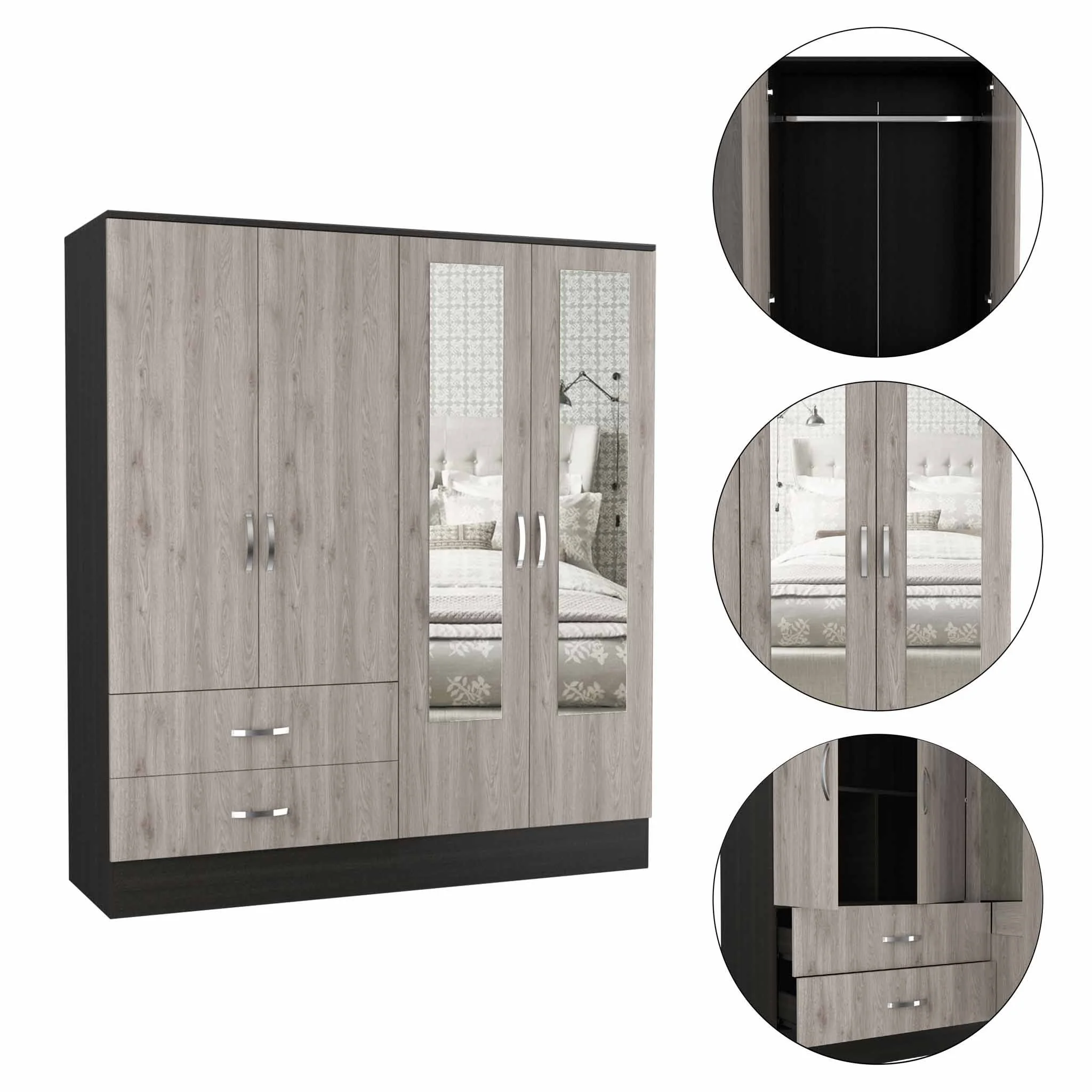 Light Oak and Black Four Door Wardrobe Closet with Mirrors By Homeroots - Image 5