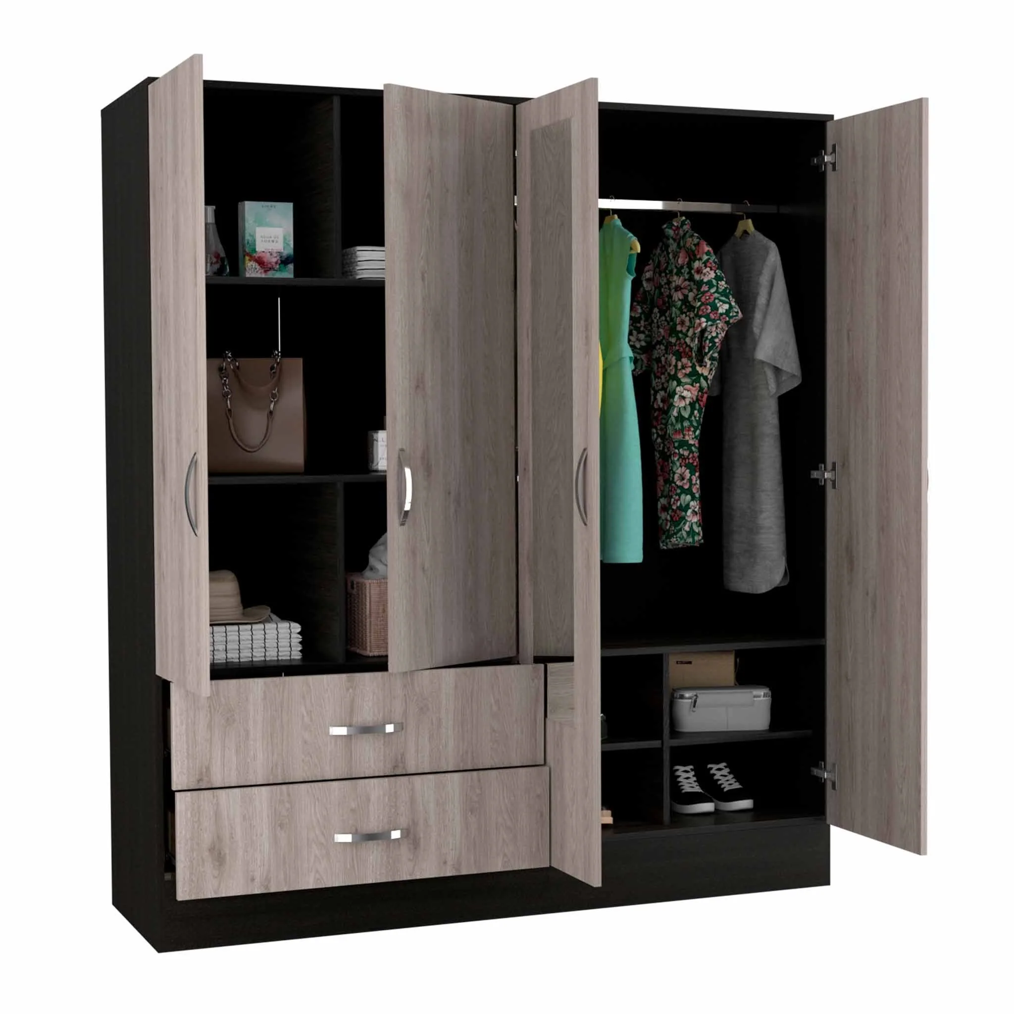 Light Oak and Black Four Door Wardrobe Closet with Mirrors By Homeroots - Image 6