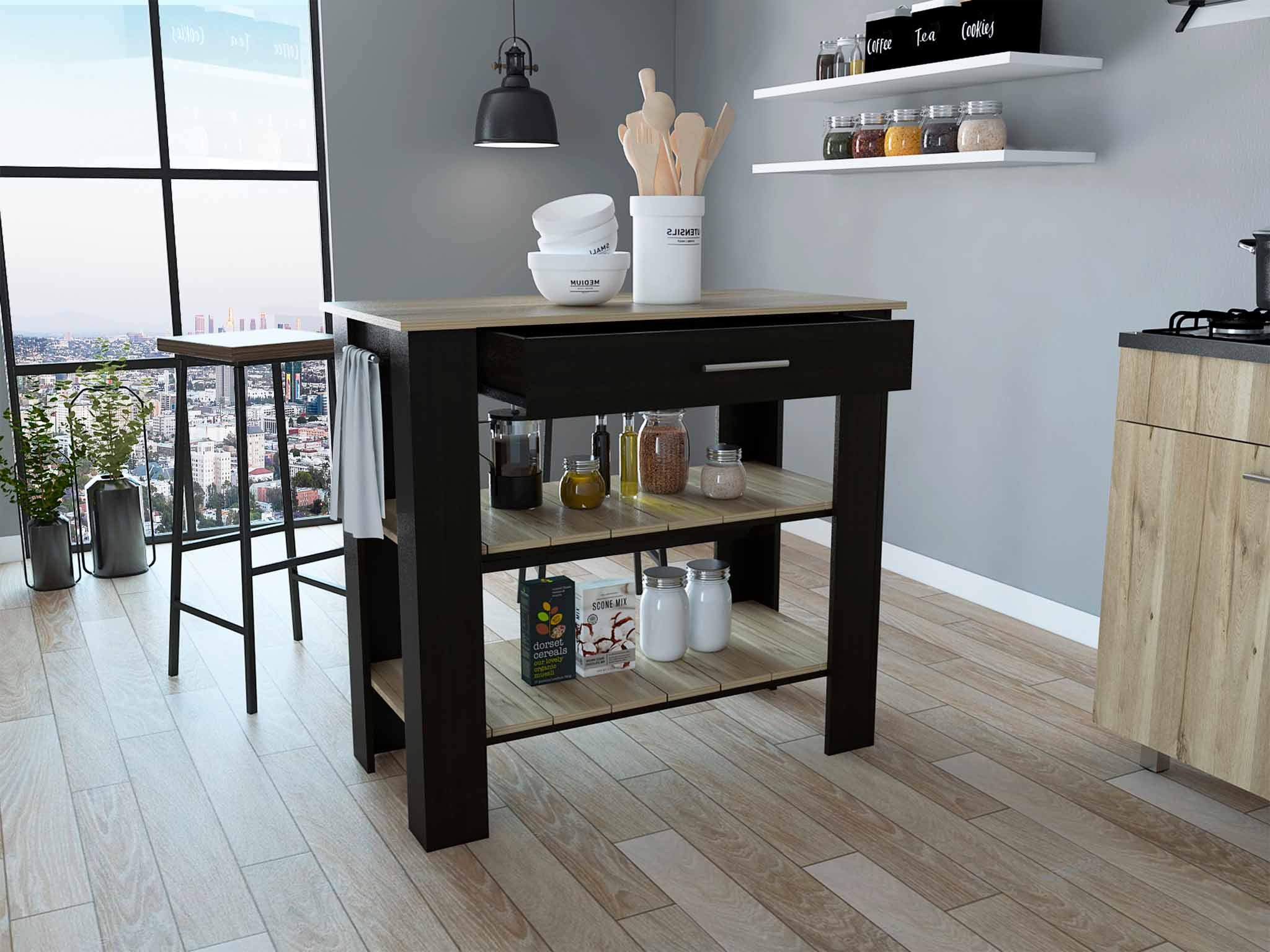 Light Oak and Black Kitchen Island with Drawer and Two Open Shelves By Homeroots - Image 4