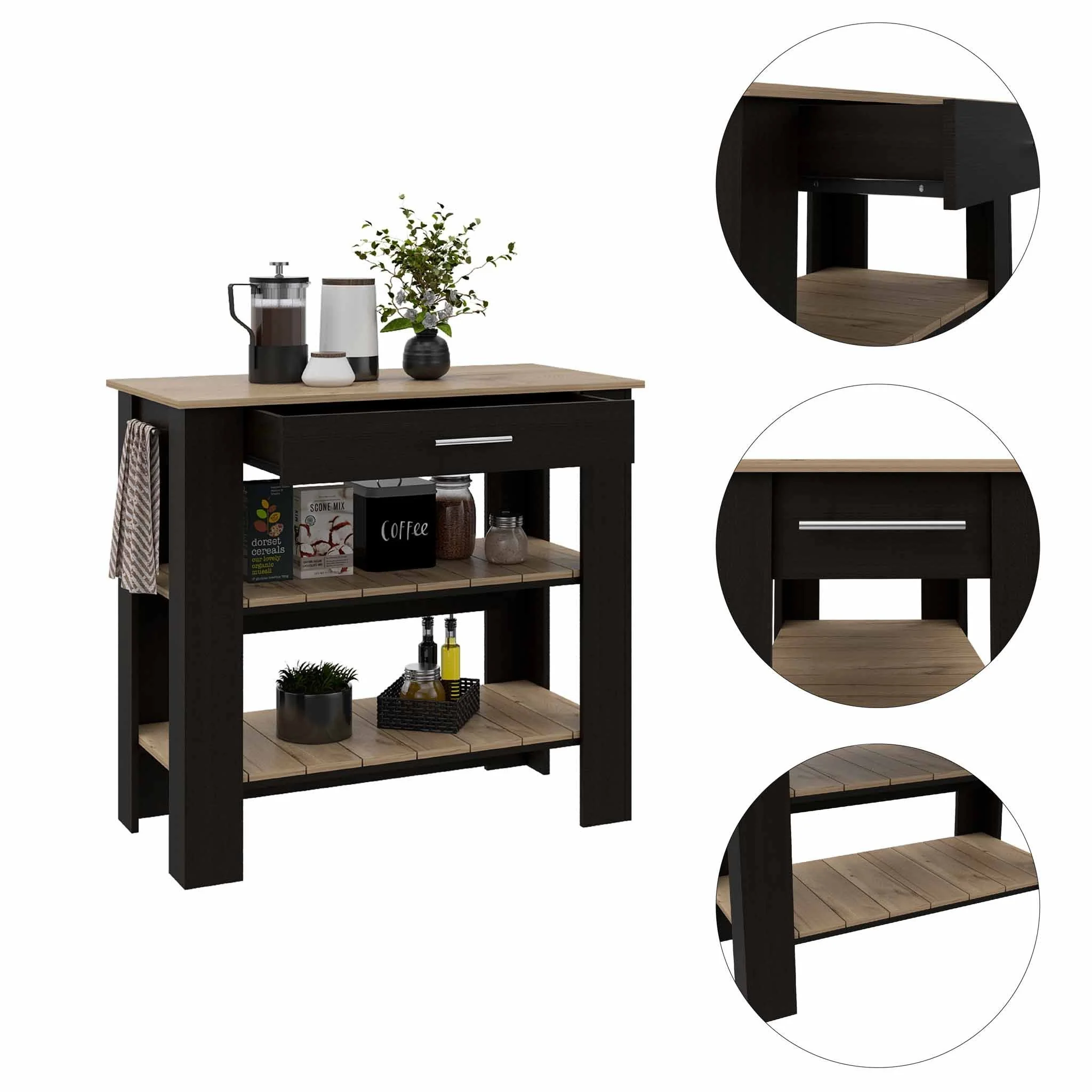 Light Oak and Black Kitchen Island with Drawer and Two Open Shelves By Homeroots - Image 5
