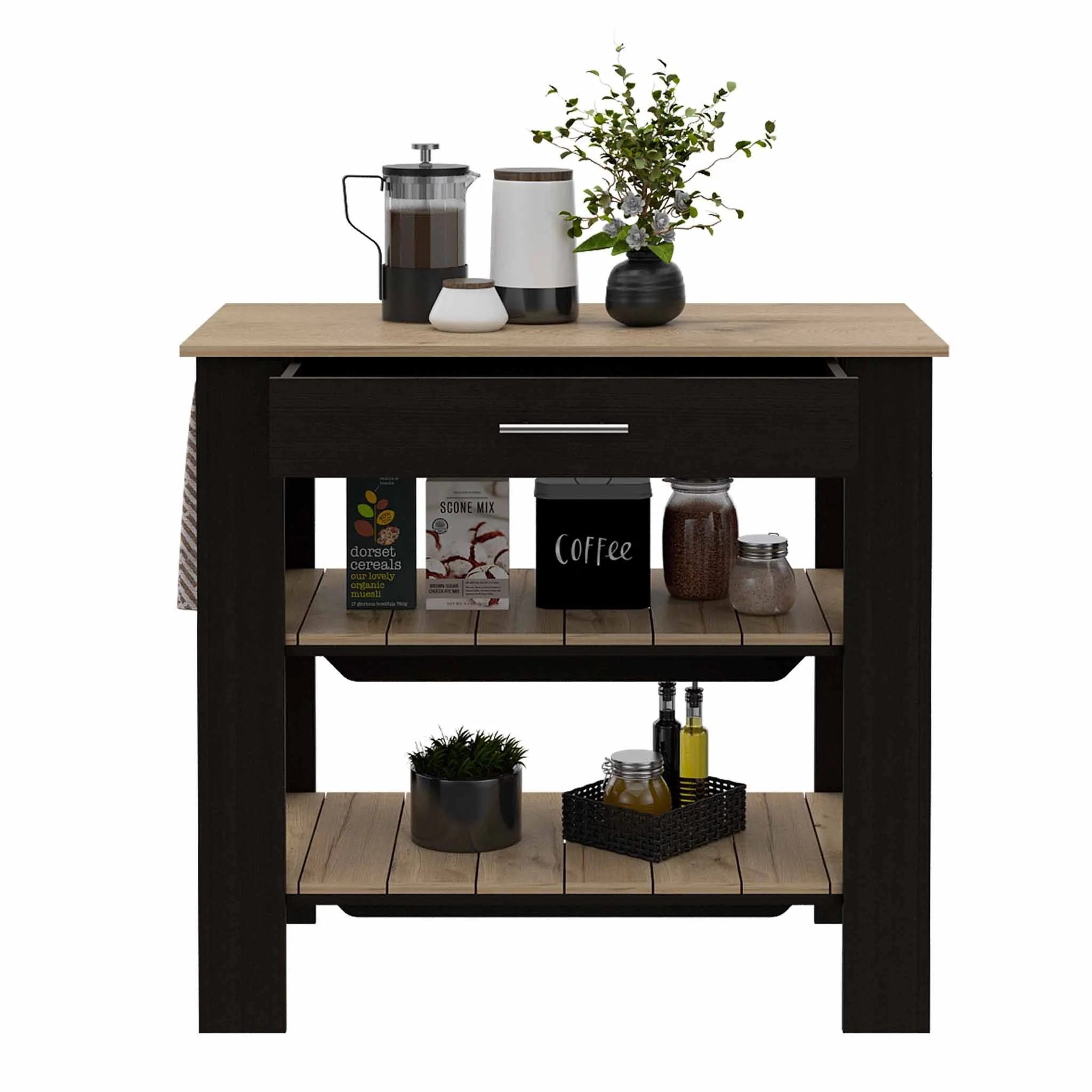 Light Oak and Black Kitchen Island with Drawer and Two Open Shelves By Homeroots - Image 6