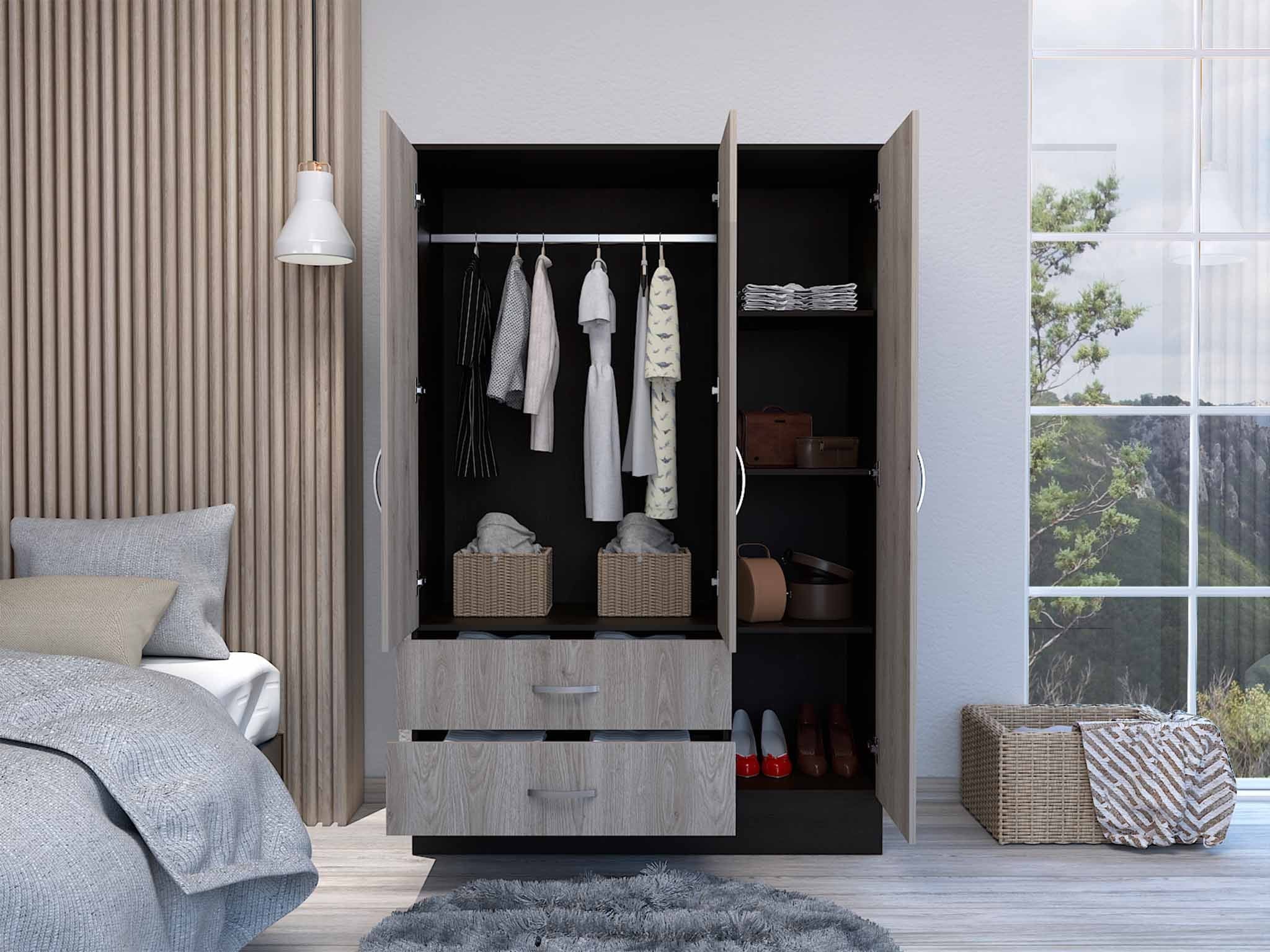 Light Oak and Black Three Door Wardrobe Closet with Mirror By Homeroots - Image 2
