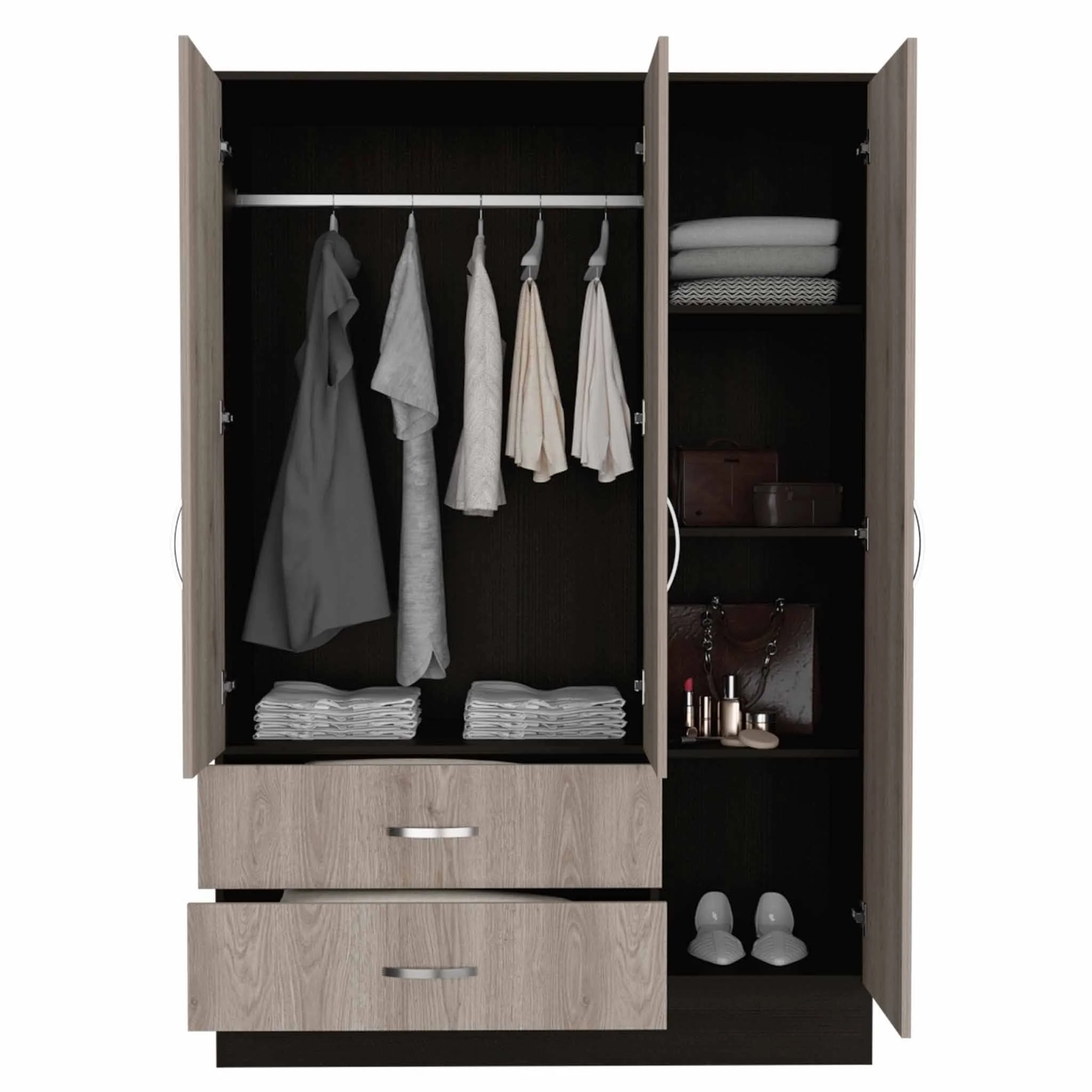 Light Oak and Black Three Door Wardrobe Closet with Mirror By Homeroots - Image 3