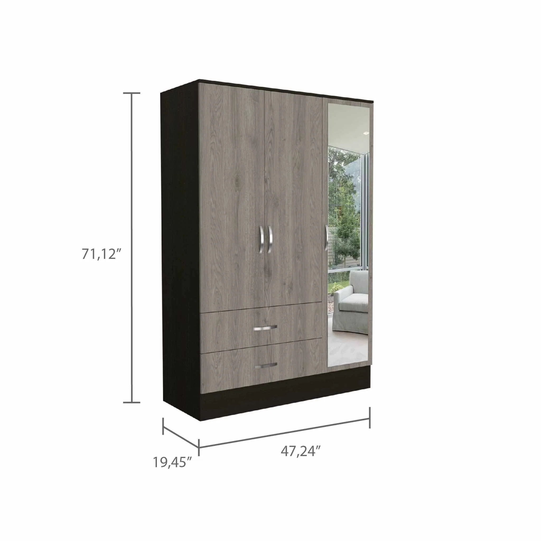 Light Oak and Black Three Door Wardrobe Closet with Mirror By Homeroots - Image 4