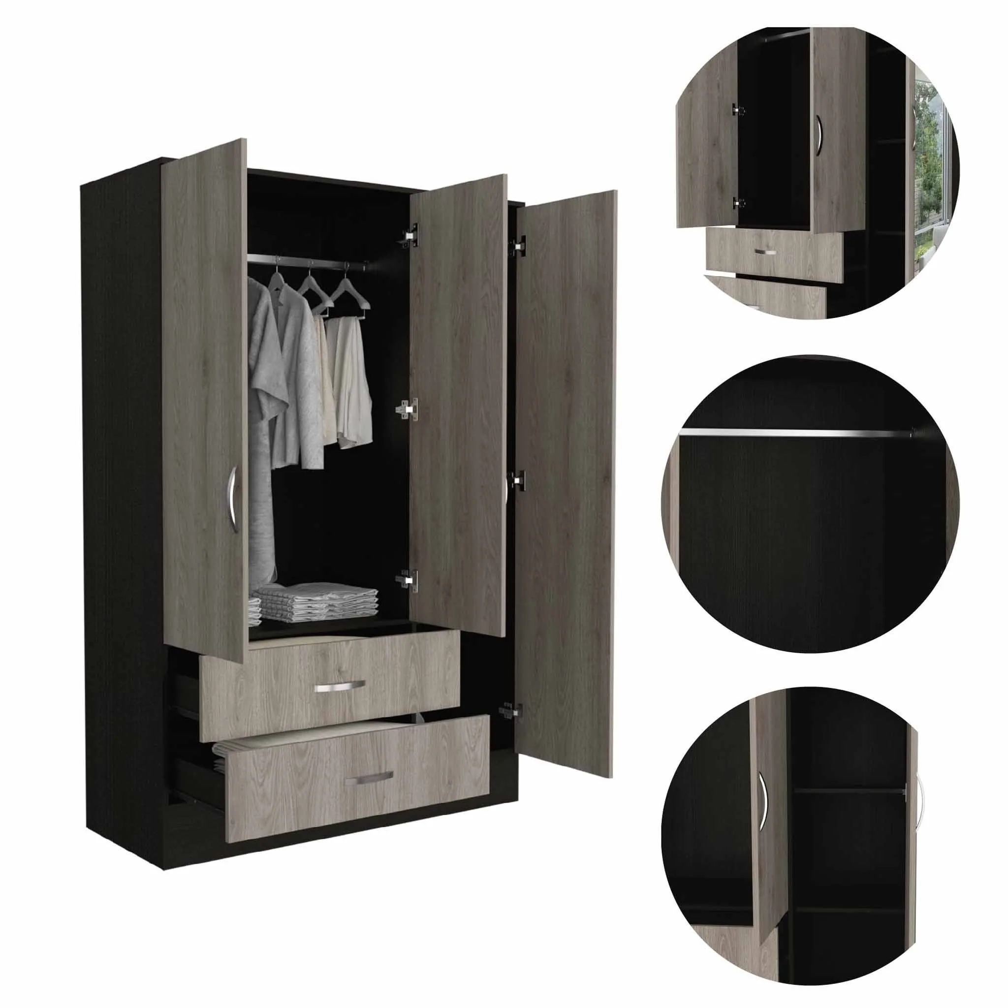Light Oak and Black Three Door Wardrobe Closet with Mirror By Homeroots - Image 5