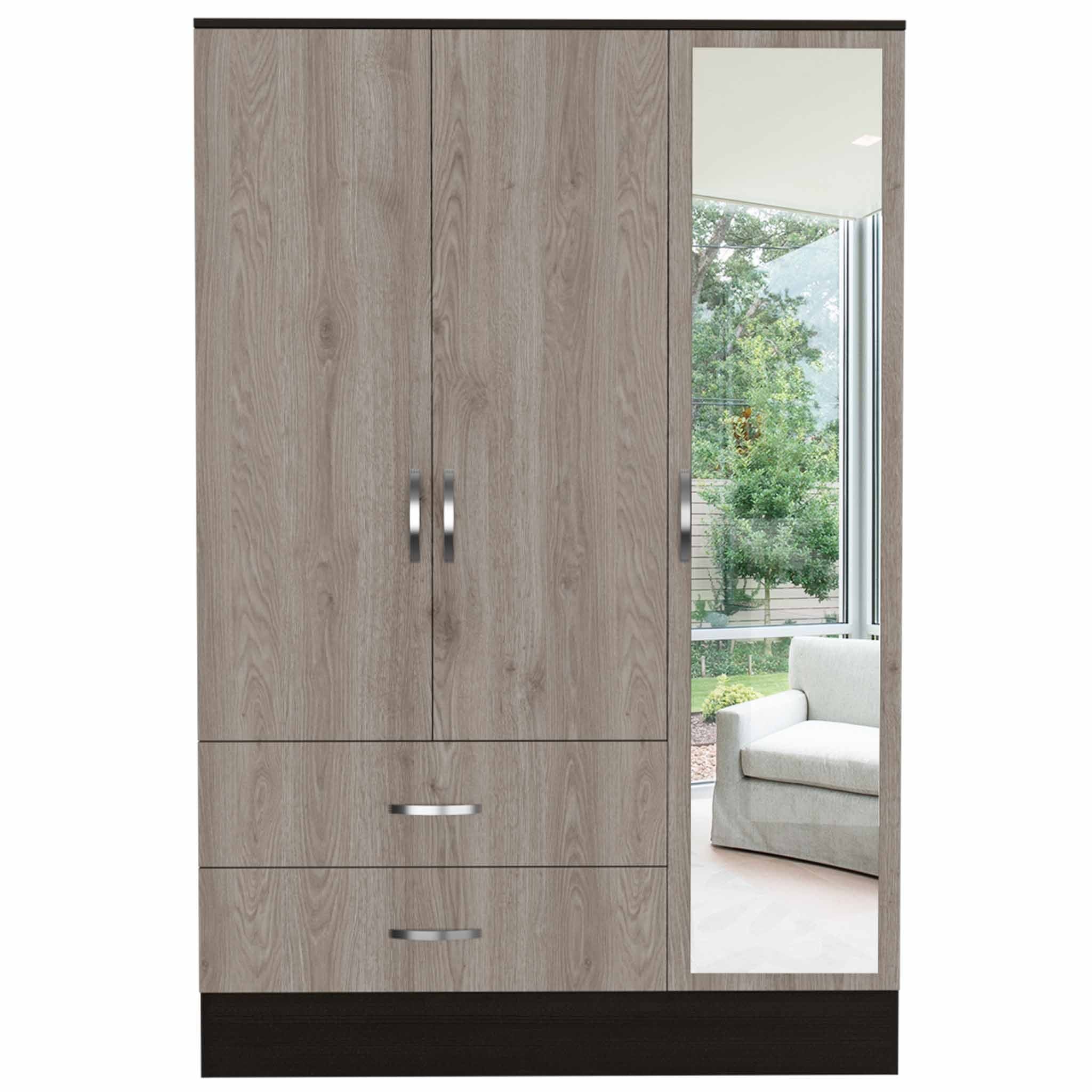 Light Oak and Black Three Door Wardrobe Closet with Mirror By Homeroots - Image 6