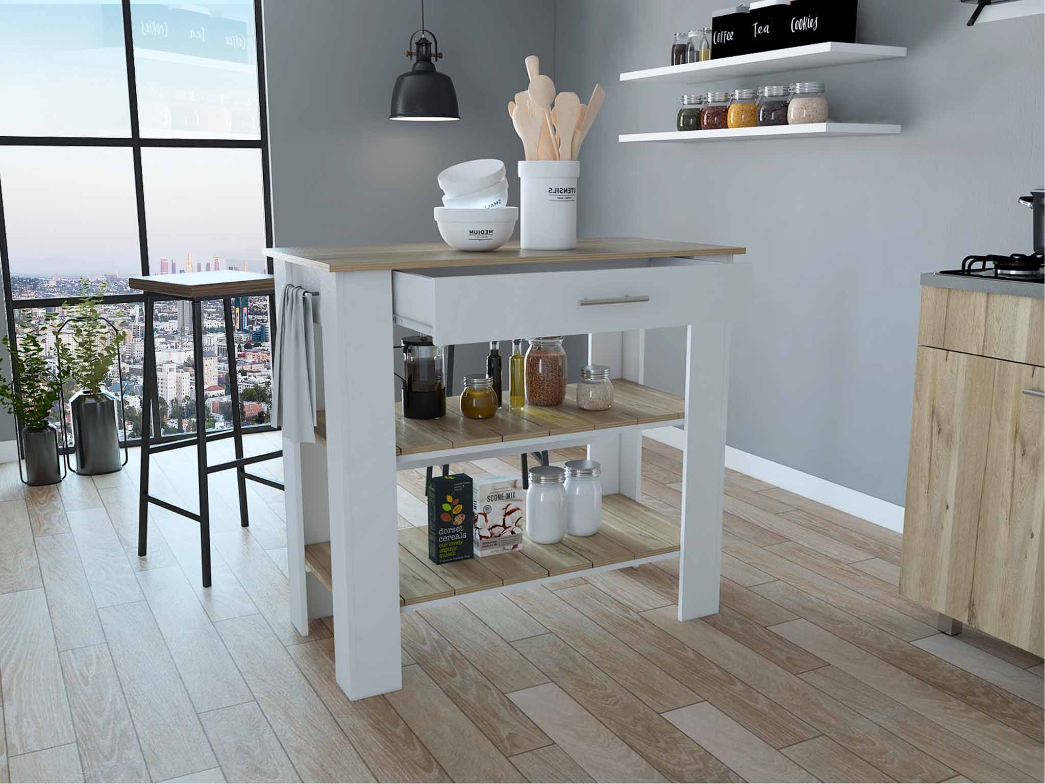 Light Oak and White Kitchen Island with Drawer and Two Open Shelves By Homeroots - Image 3