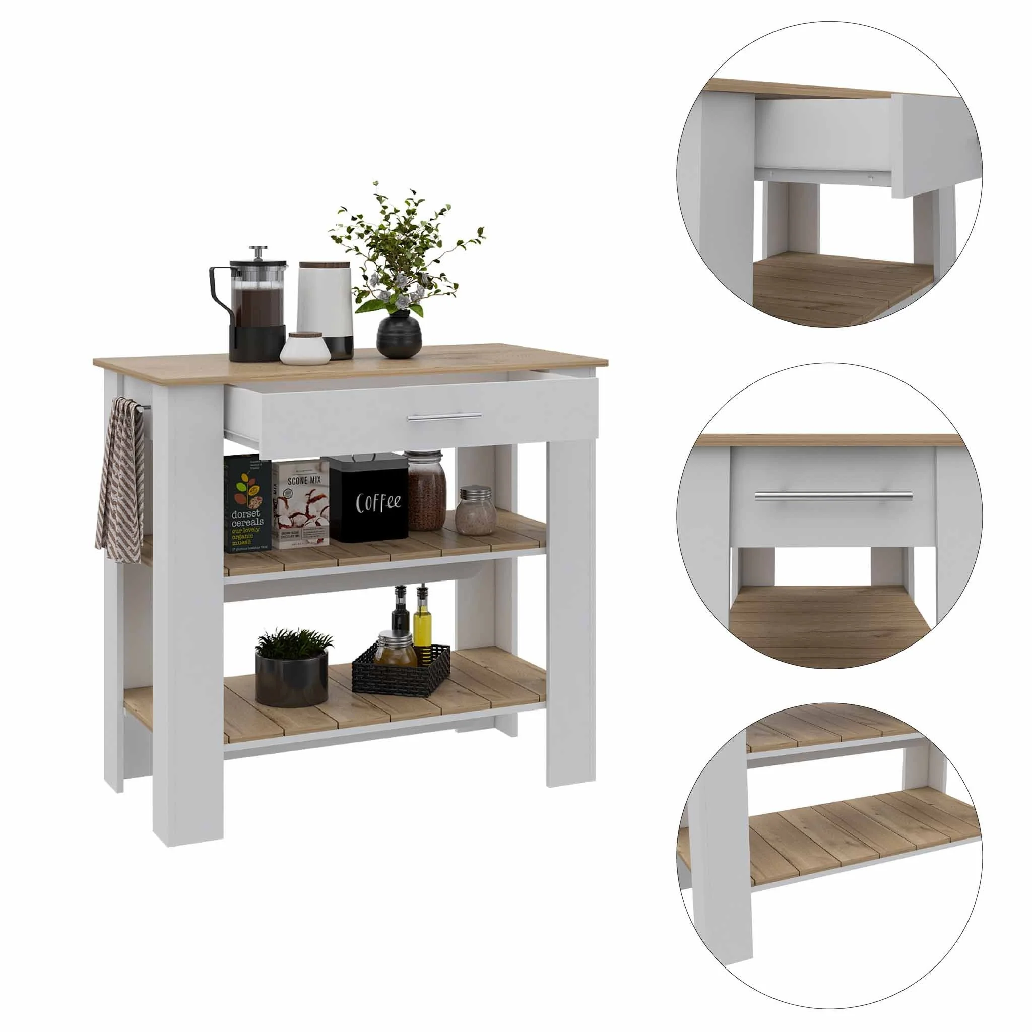 Light Oak and White Kitchen Island with Drawer and Two Open Shelves By Homeroots - Image 4