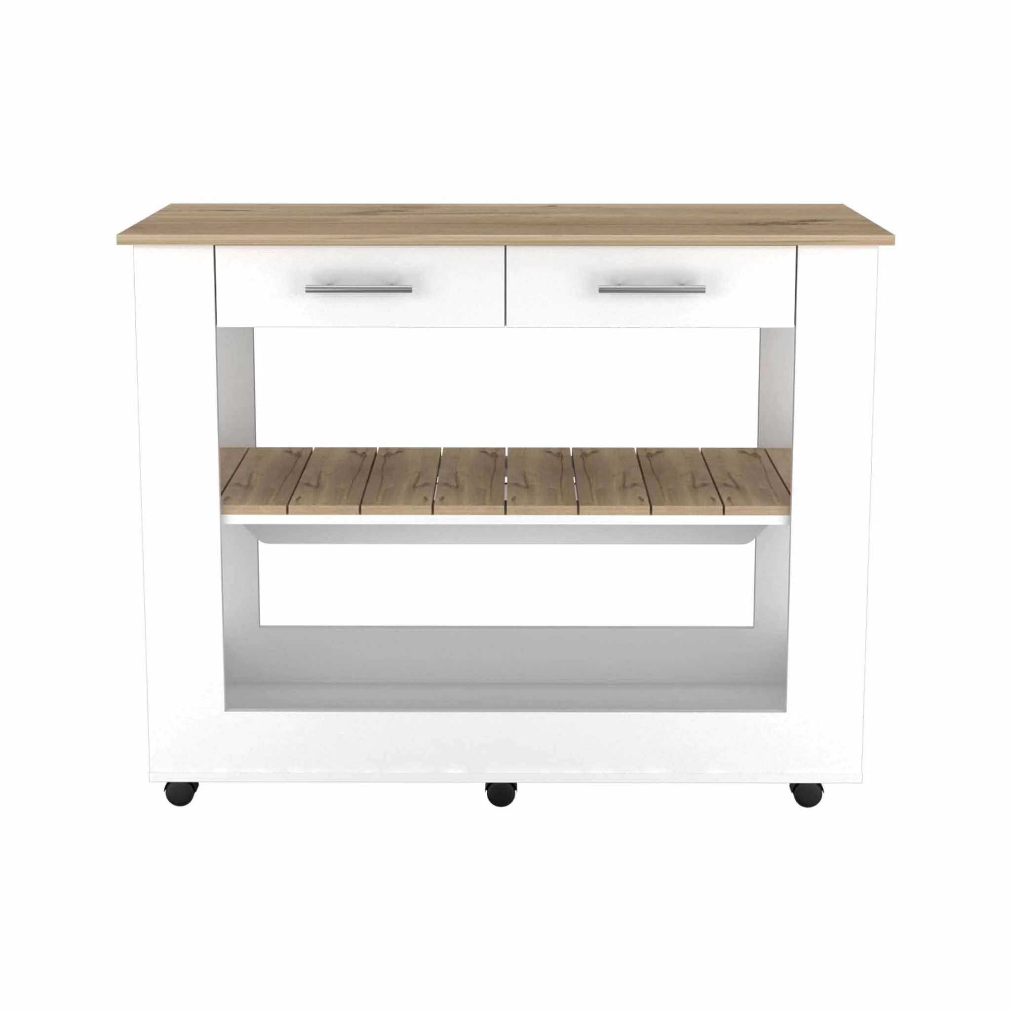 Light Oak and White Kitchen Island with Drawer Shelves and Casters By Homeroots - Image 2