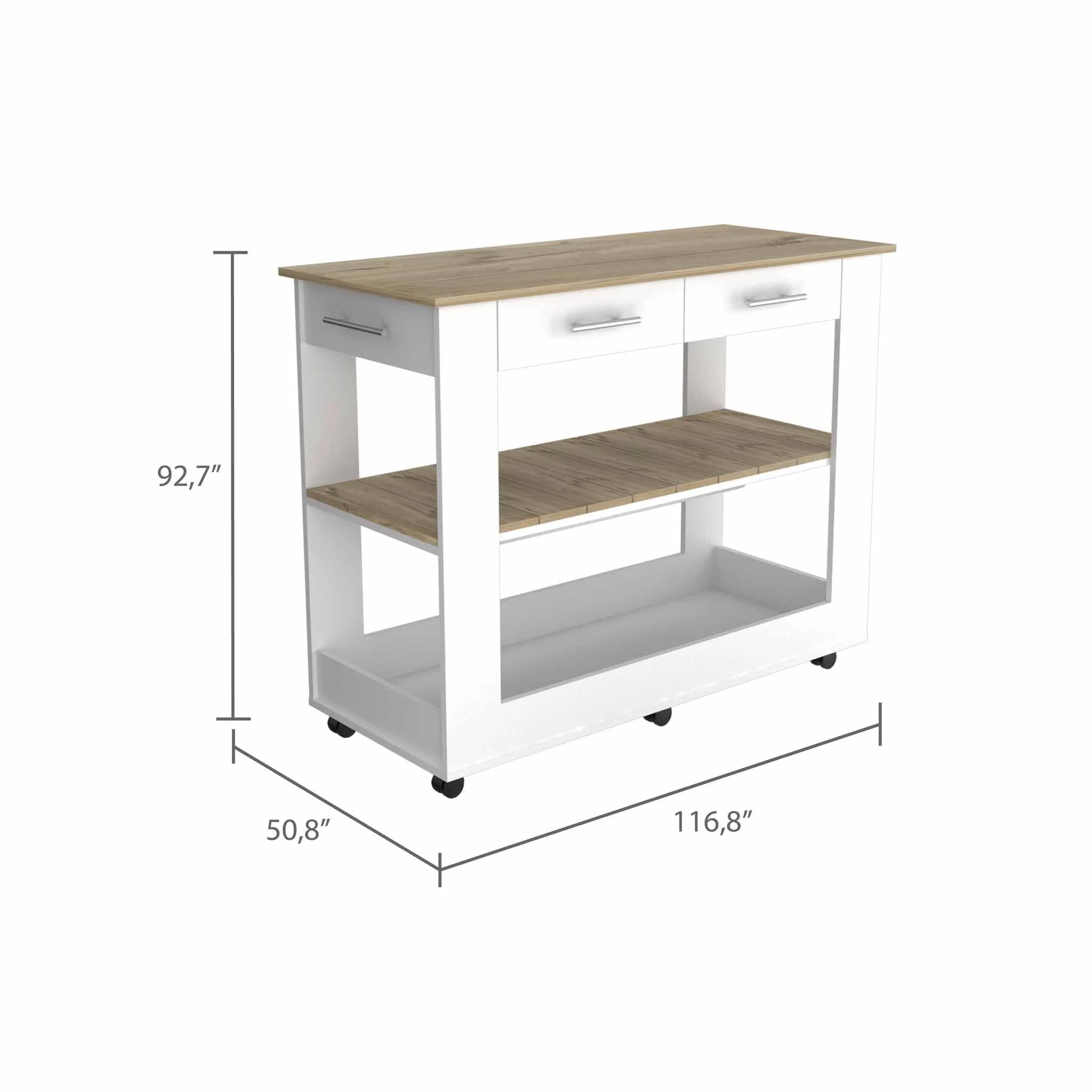 Light Oak and White Kitchen Island with Drawer Shelves and Casters By Homeroots - Image 3