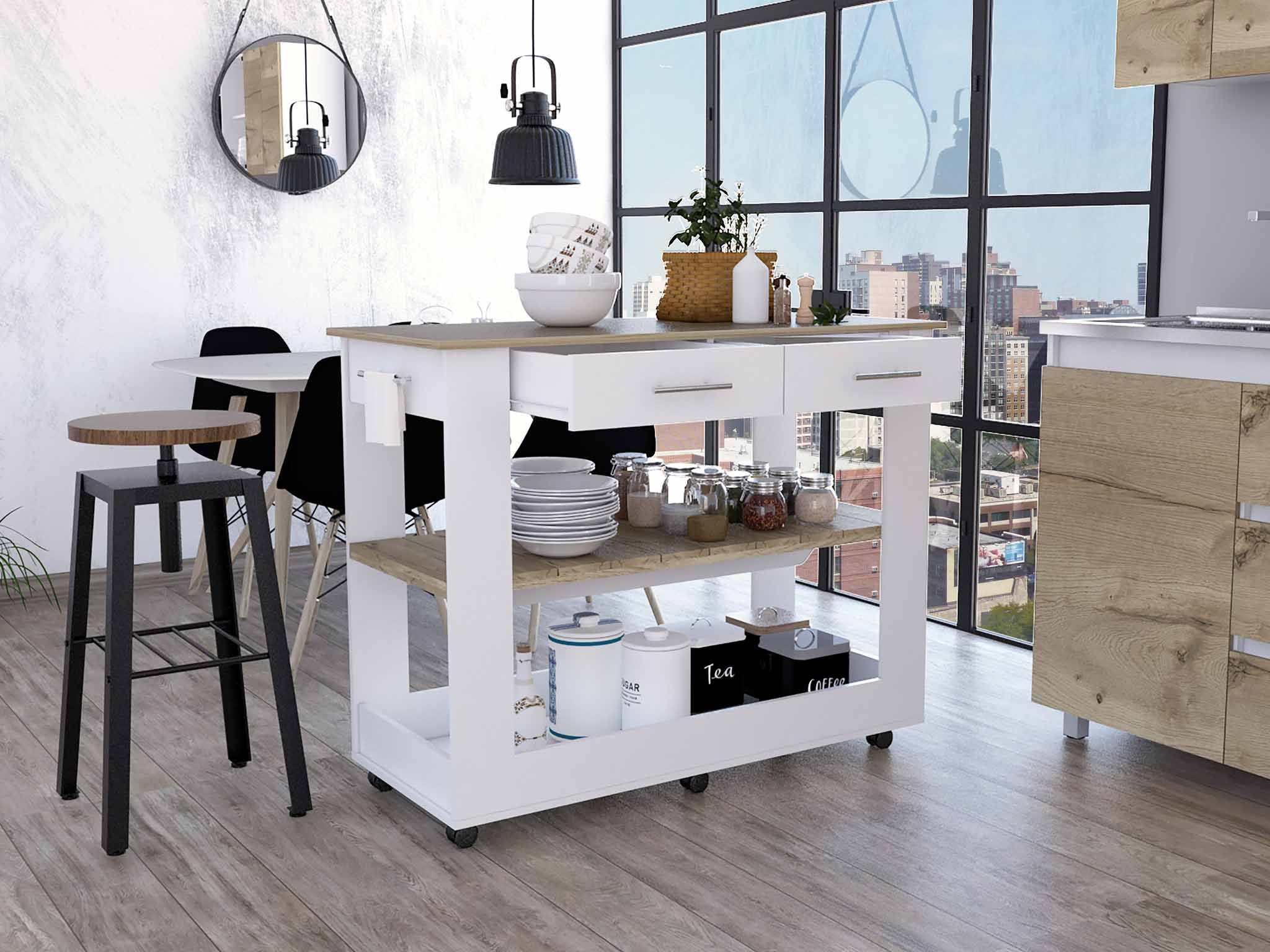 Light Oak and White Kitchen Island with Drawer Shelves and Casters By Homeroots - Image 4