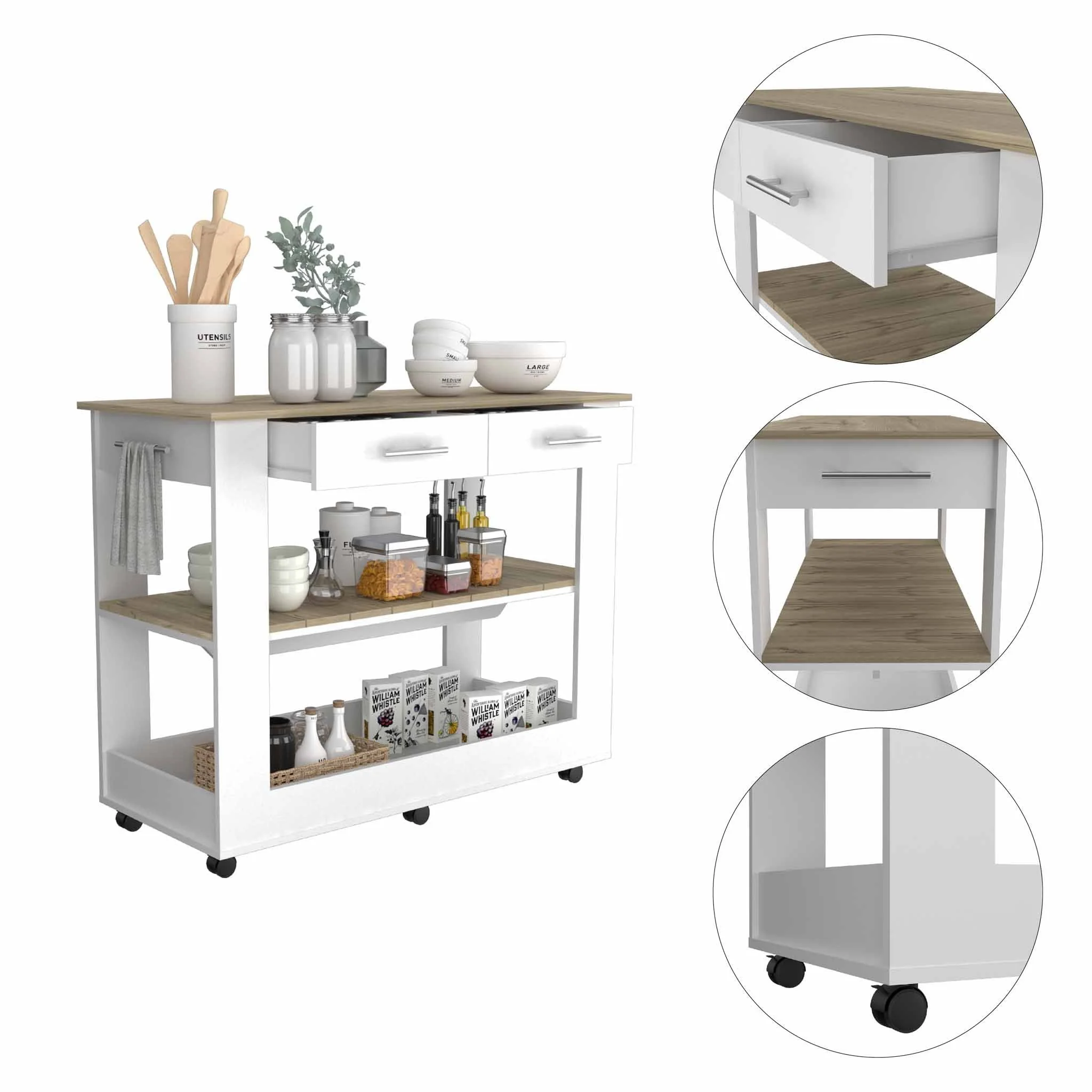 Light Oak and White Kitchen Island with Drawer Shelves and Casters By Homeroots - Image 5