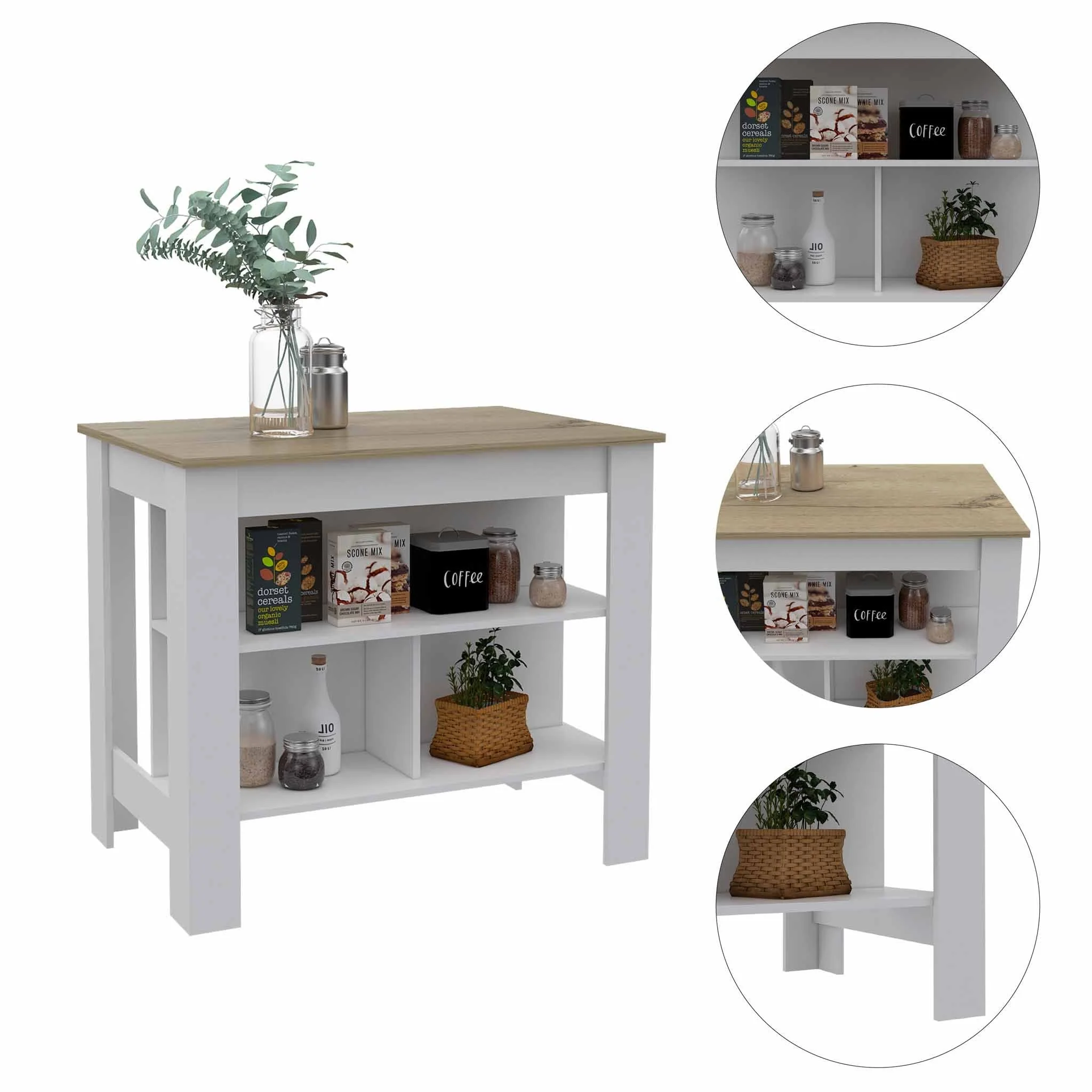 Light Oak and White Kitchen Island with Three Storage Shelves By Homeroots - Image 4