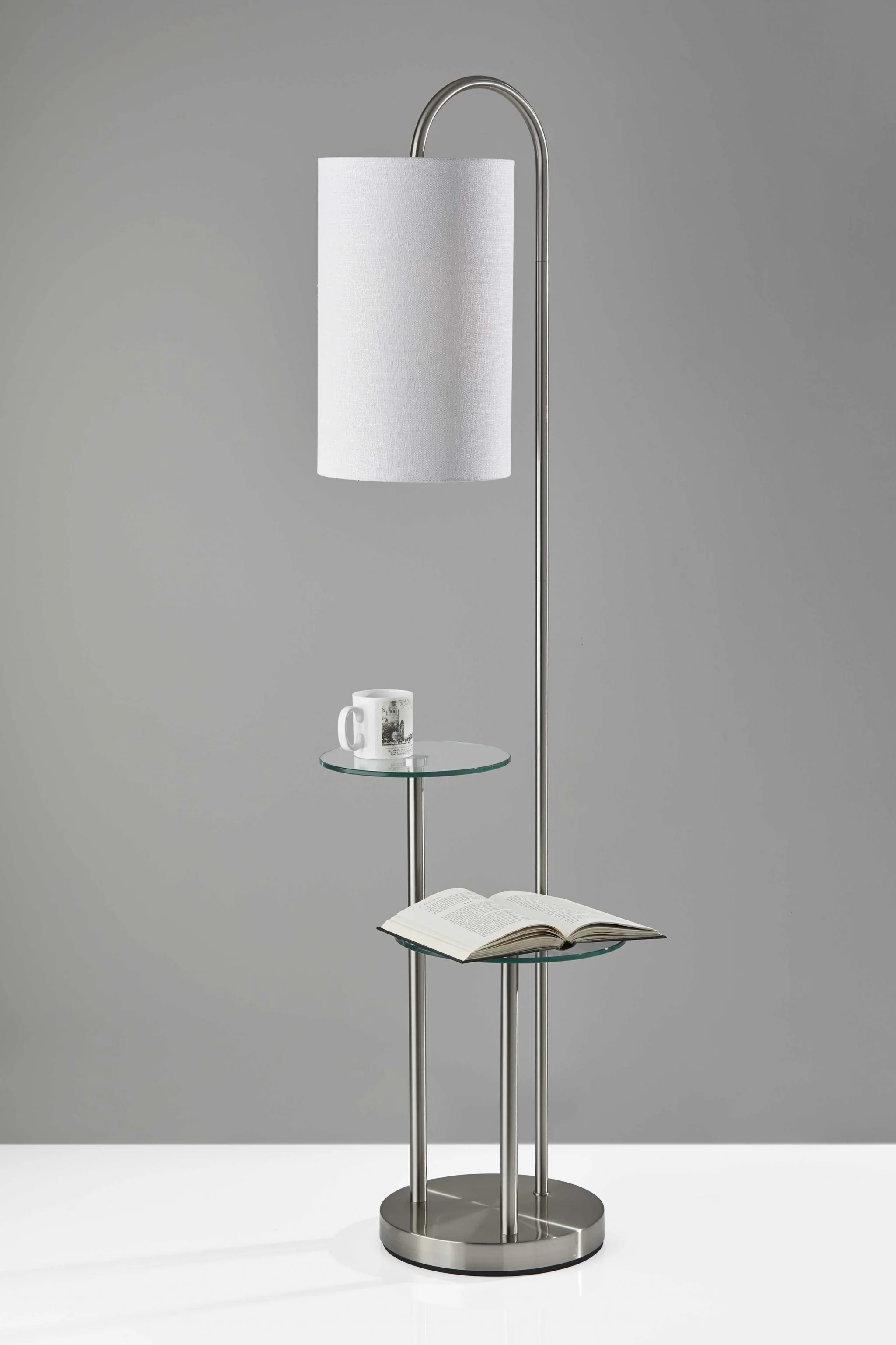 Lily Pad Glass Shelf Floor Lamp in Brushed Steel Metal By Homeroots - Image 2