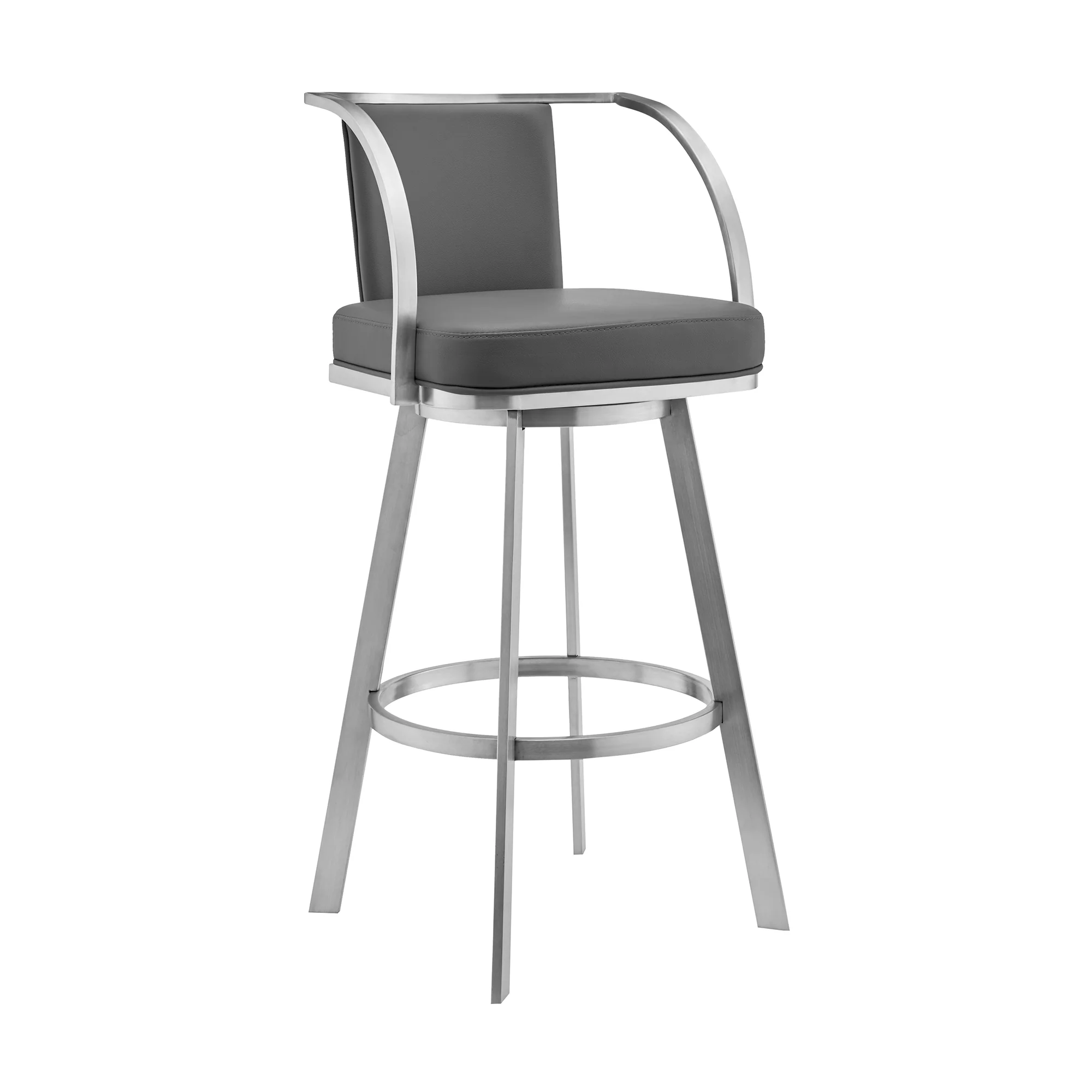 Livingston 26" Gray Faux Leather and Brushed Stainless Steel Swivel Bar Stool By Armen Living - Image 2
