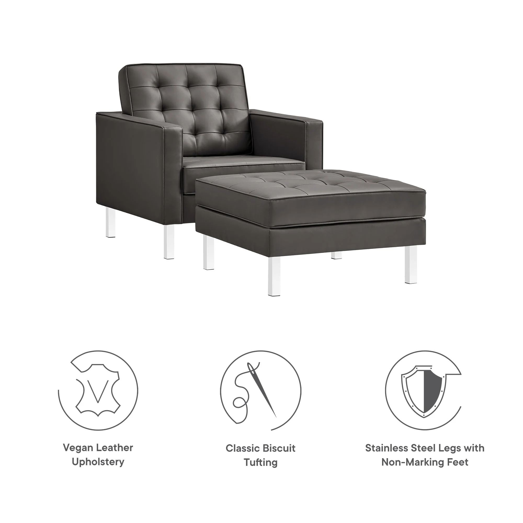 Loft Tufted Vegan Leather Armchair and Ottoman Set by Modway - Image 3