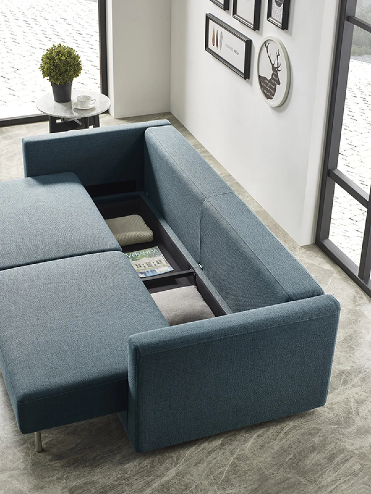 Long Arm 88" Blue Green Sofa Bed With Storage Space By Homeroots - Image 4