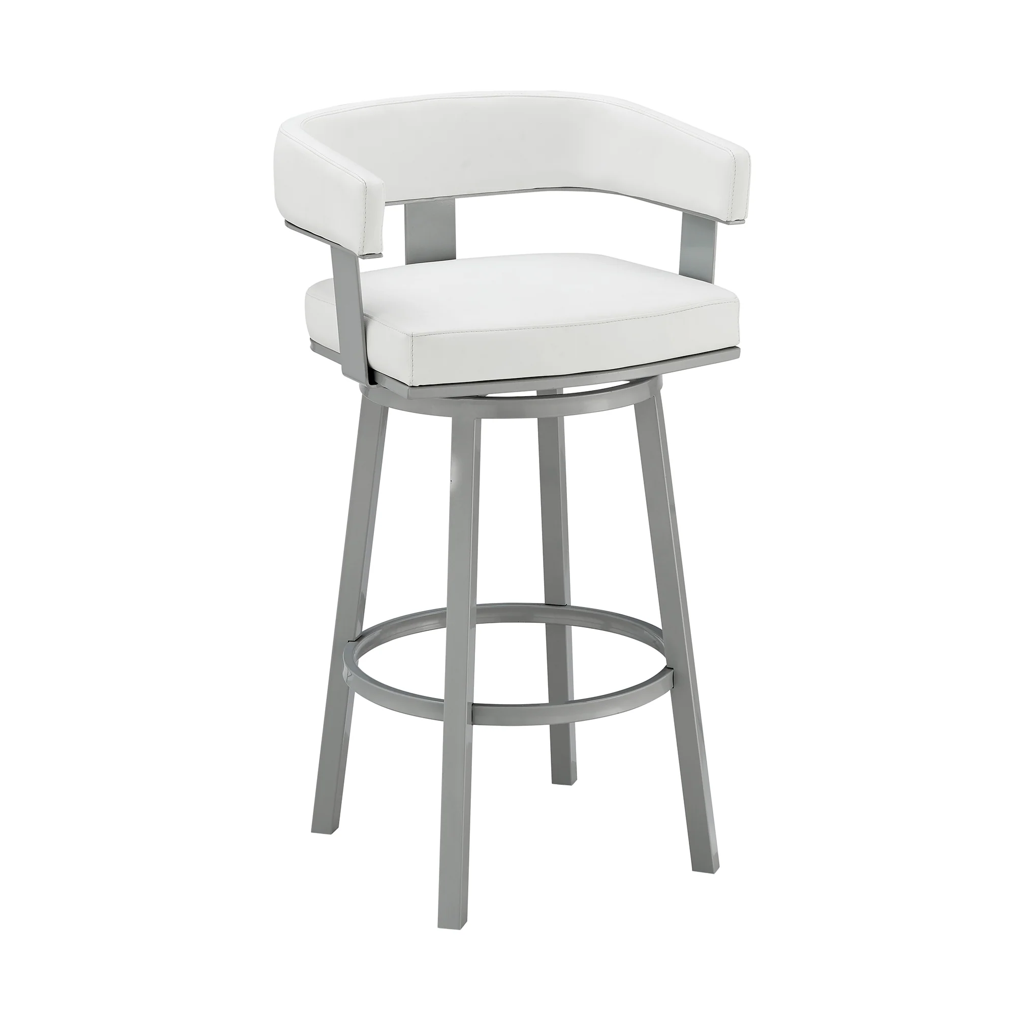 Lorin 26" Counter Height Swivel Bar Stool in Silver Finish with White Faux Leather By Armen Living - Image 2