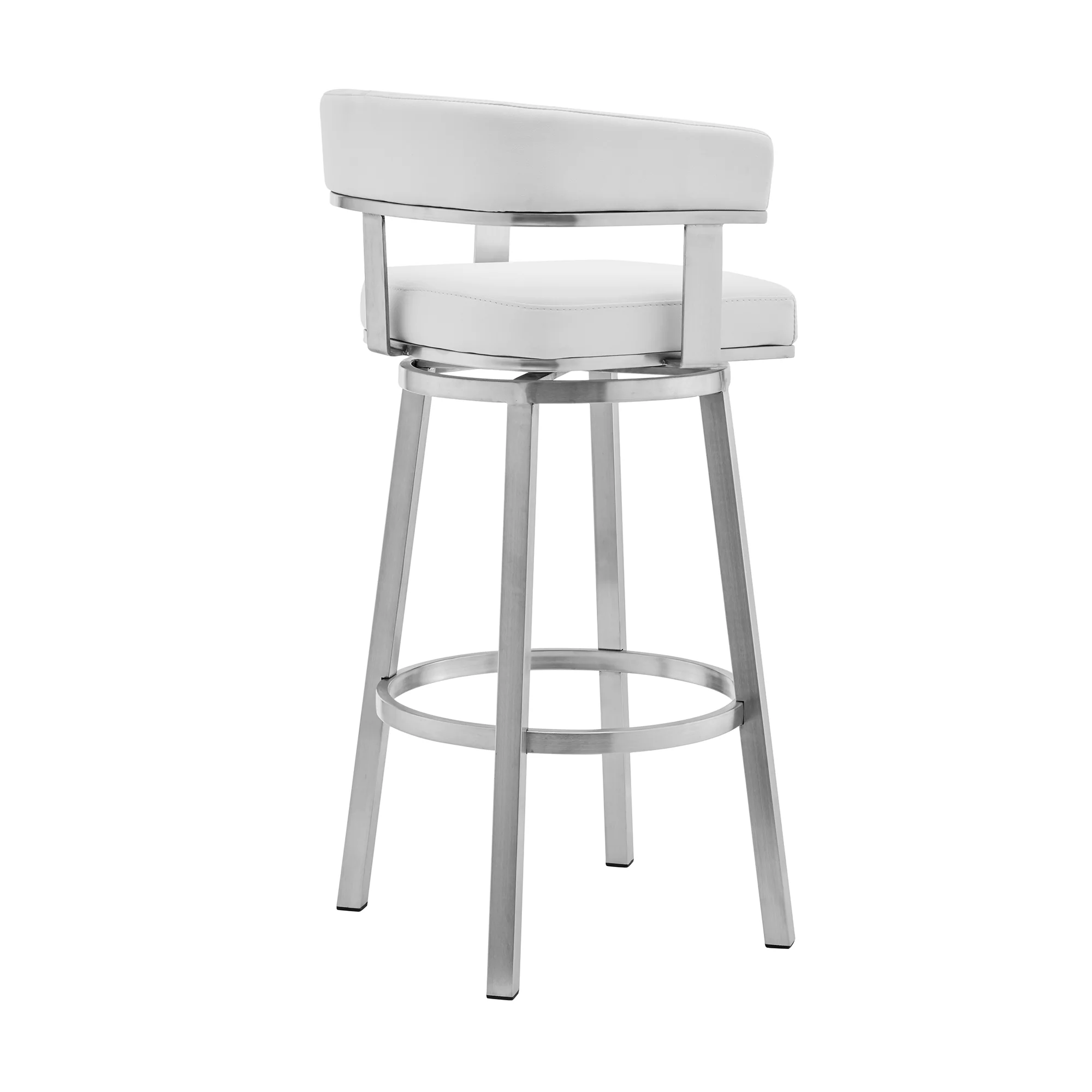 Lorin 26" White Faux Leather and Brushed Stainless Steel Swivel Bar Stool By Armen Living - Image 4