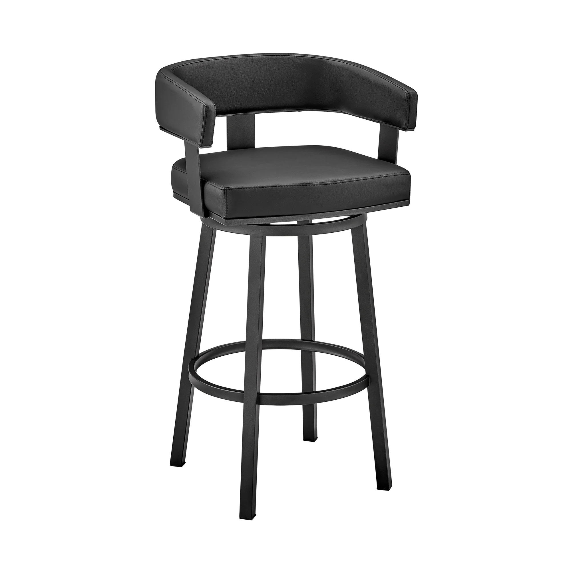 Lorin 30" Bar Height Swivel Bar Stool in Black Finish and Black Faux Leather By Armen Living - Image 2