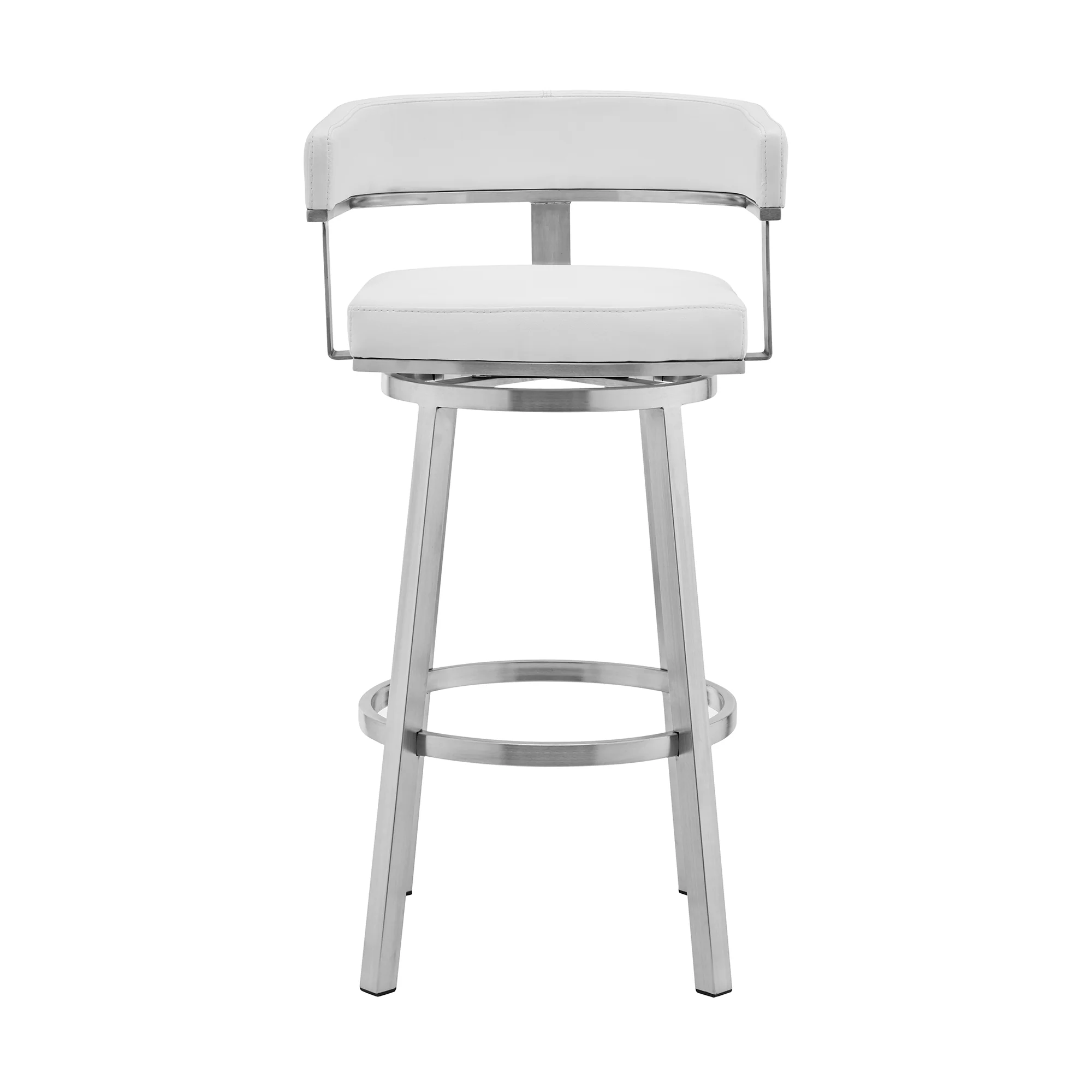 Lorin 30" White Faux Leather and Brushed Stainless Steel Swivel Bar Stool By Armen Living - Image 3