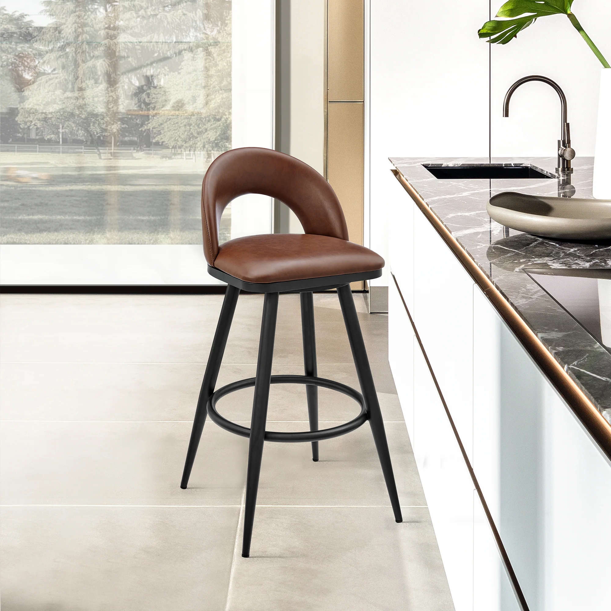 Lottech Swivel Counter Stool in Black Metal and Grey Faux Leather By Armen Living - Image 11