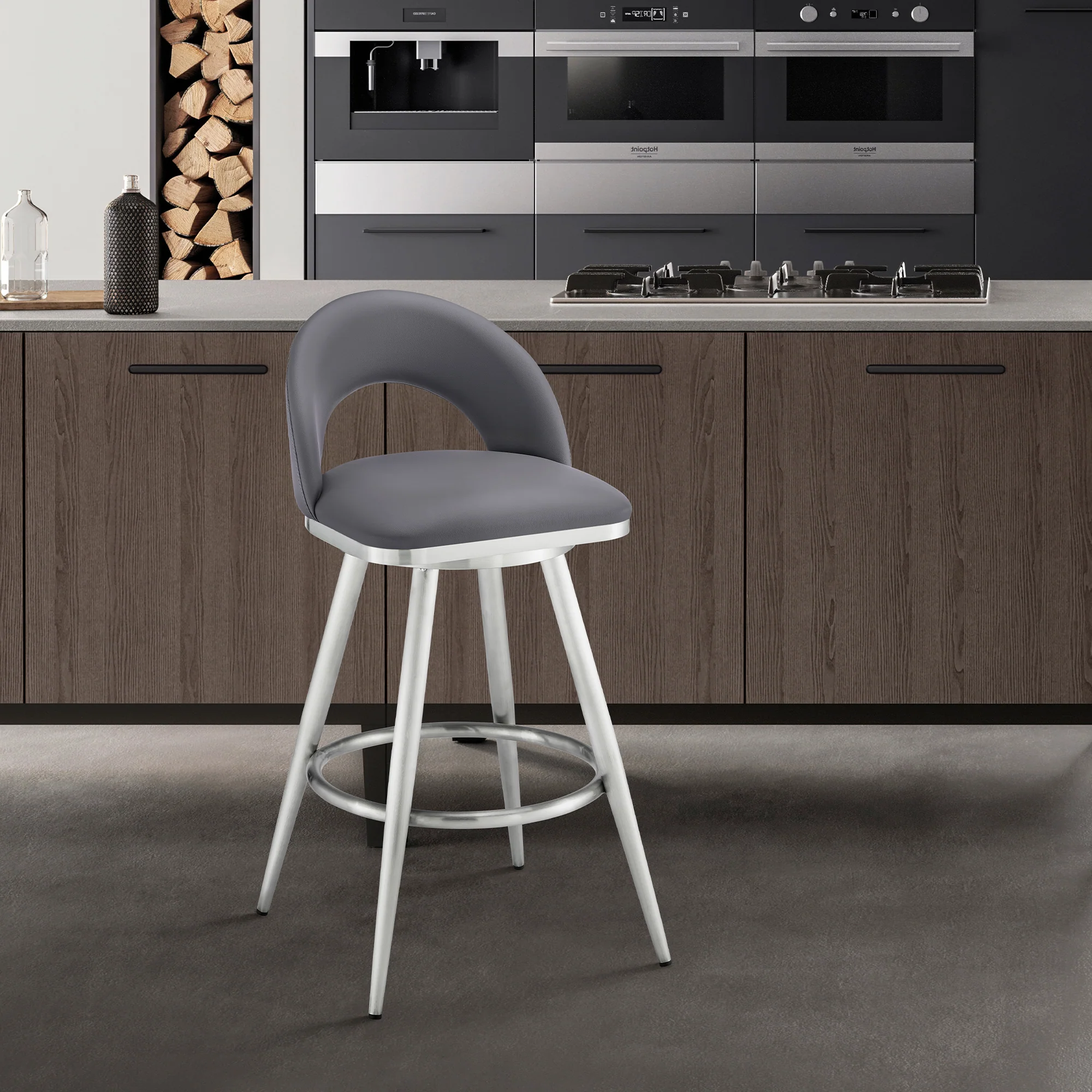 Lottech Swivel Counter Stool in Brushed Stainless Steel and Black Faux Leather By Armen Living - Image 11