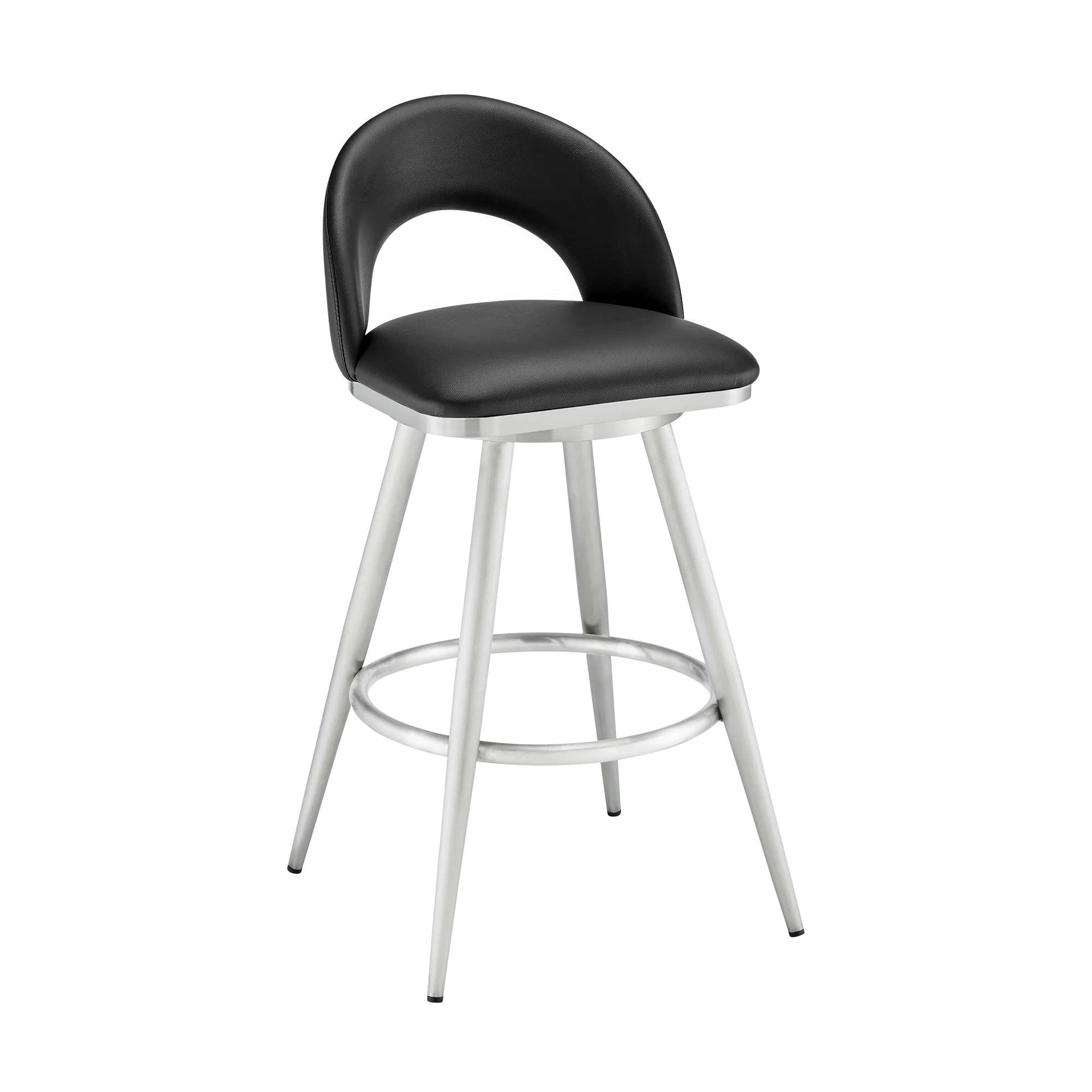 Lottech Swivel Counter Stool in Brushed Stainless Steel and Black Faux Leather By Armen Living - Image 2