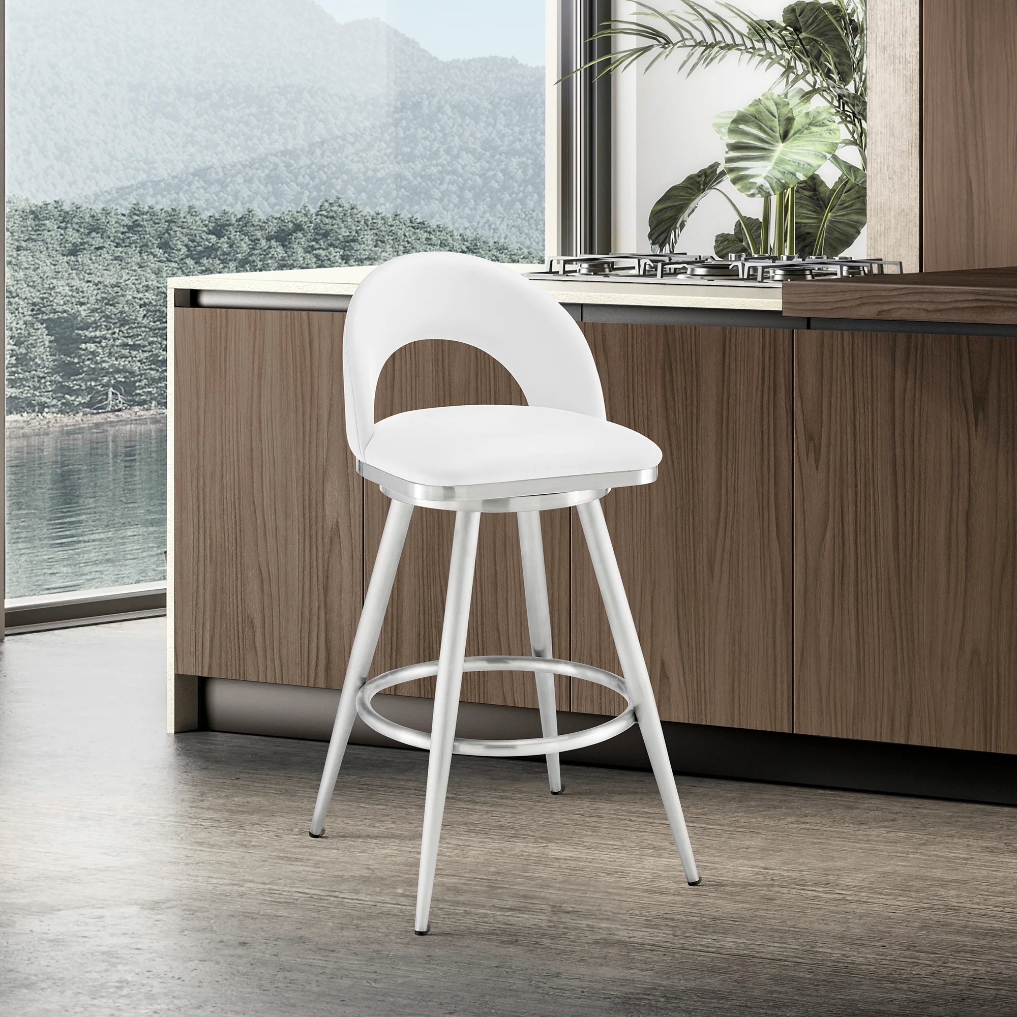 Lottech Swivel Counter Stool in Brushed Stainless Steel and Black Faux Leather By Armen Living - Image 21