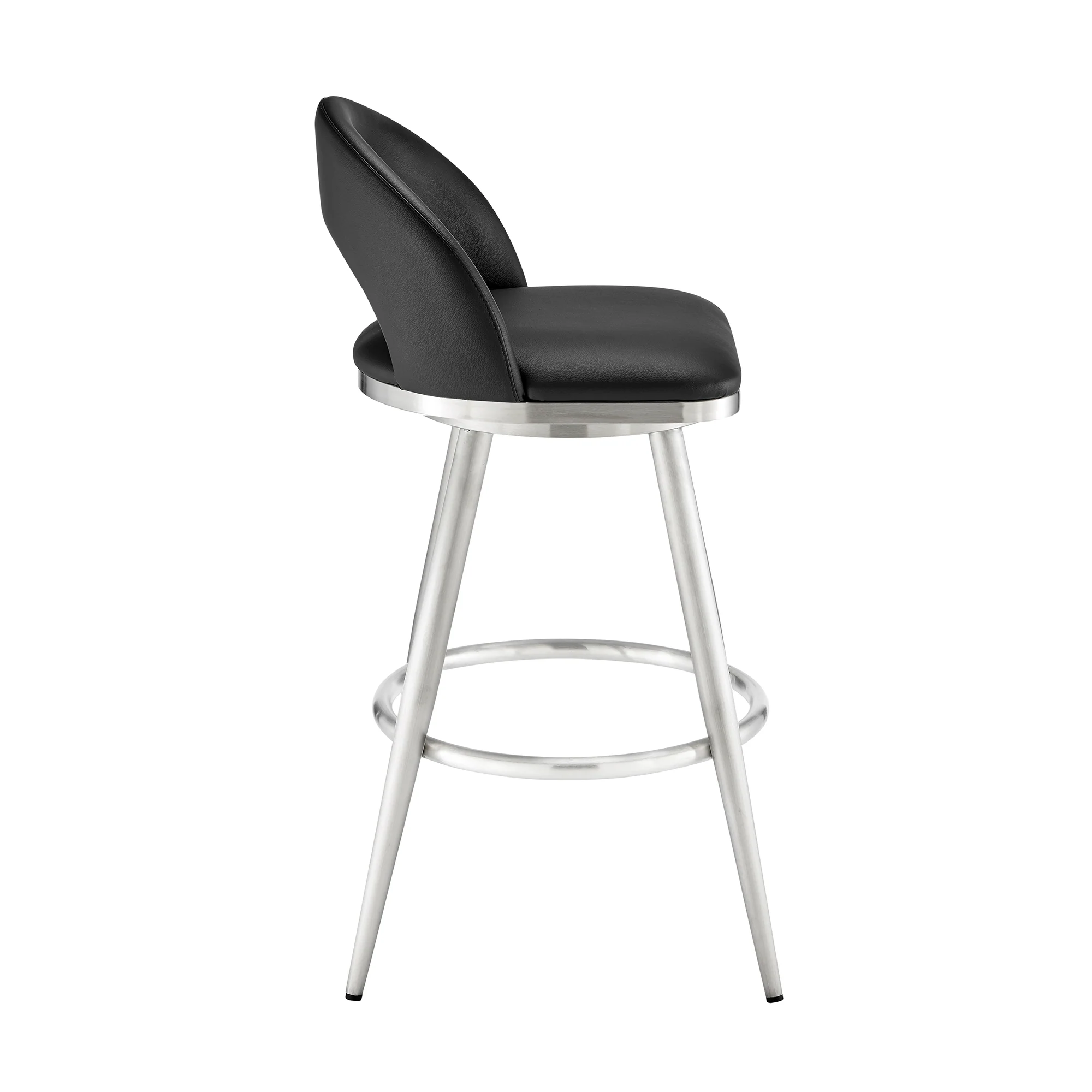 Lottech Swivel Counter Stool in Brushed Stainless Steel and Black Faux Leather By Armen Living - Image 4