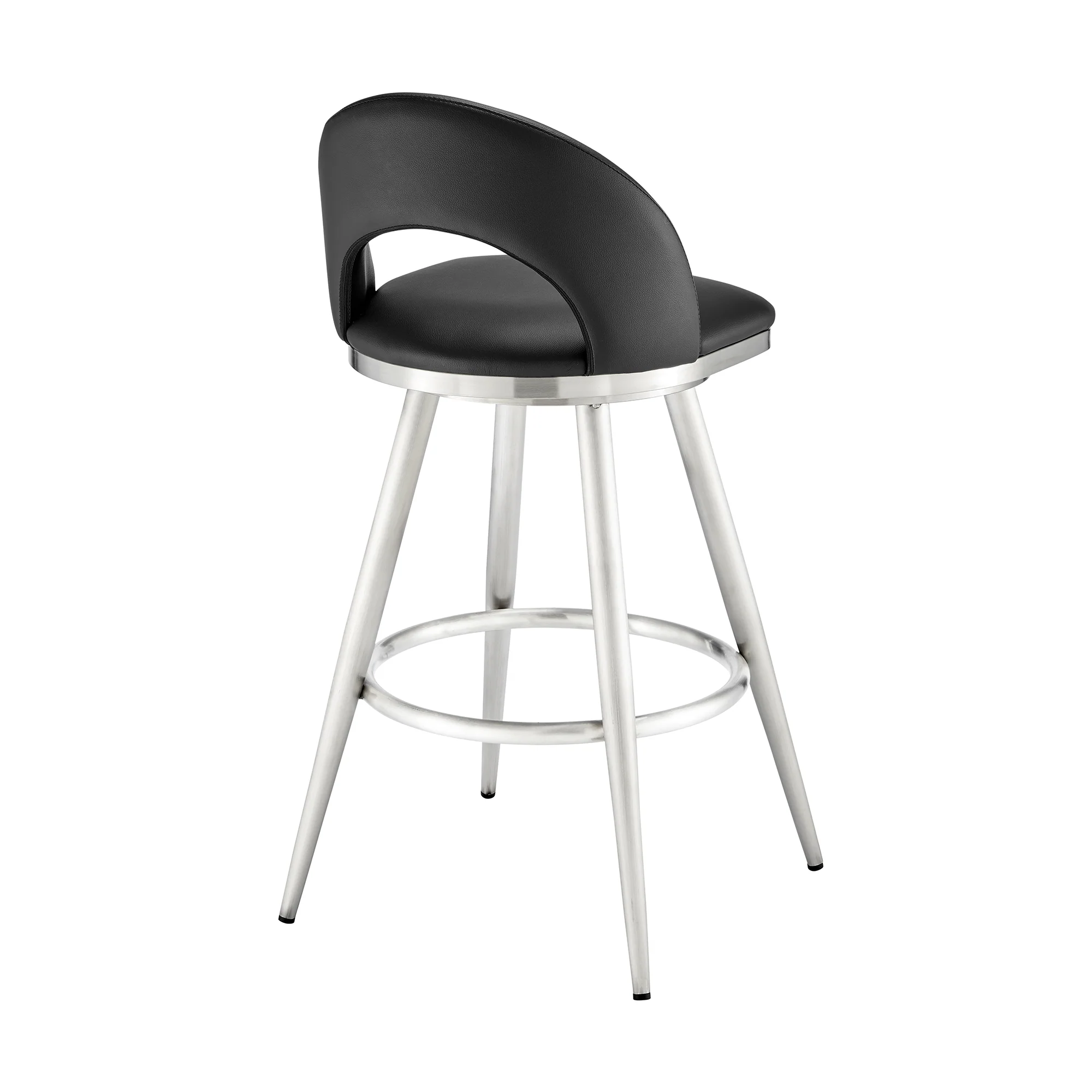 Lottech Swivel Counter Stool in Brushed Stainless Steel and Black Faux Leather By Armen Living - Image 5