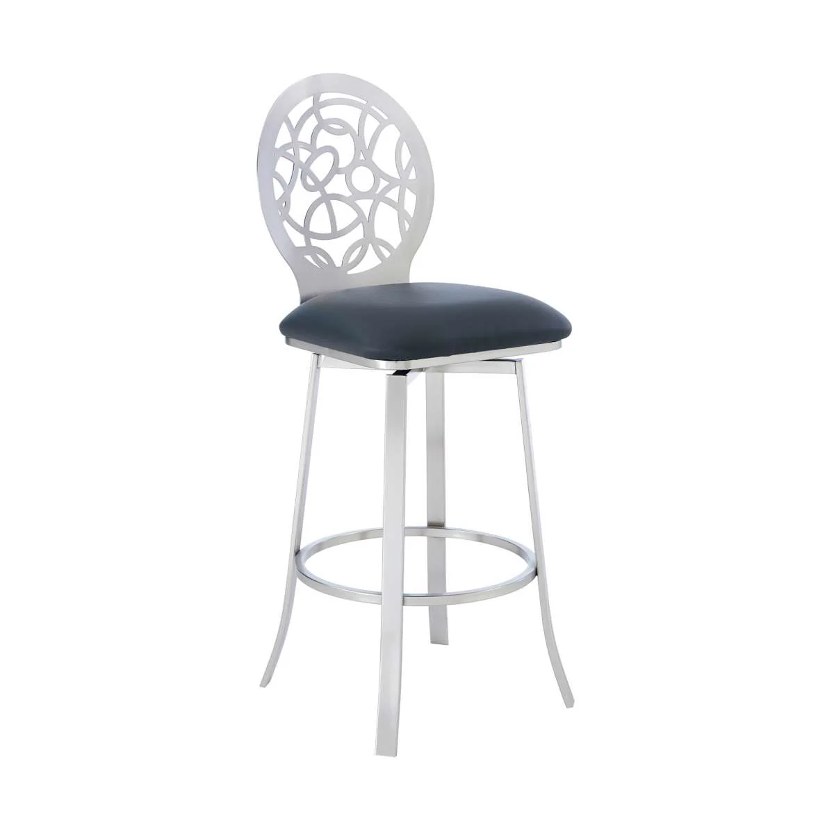 Lotus Contemporary 26" Counter Height Barstool in Brushed Stainless Steel Finish and Gray Faux Leather By Armen Living - Image 2