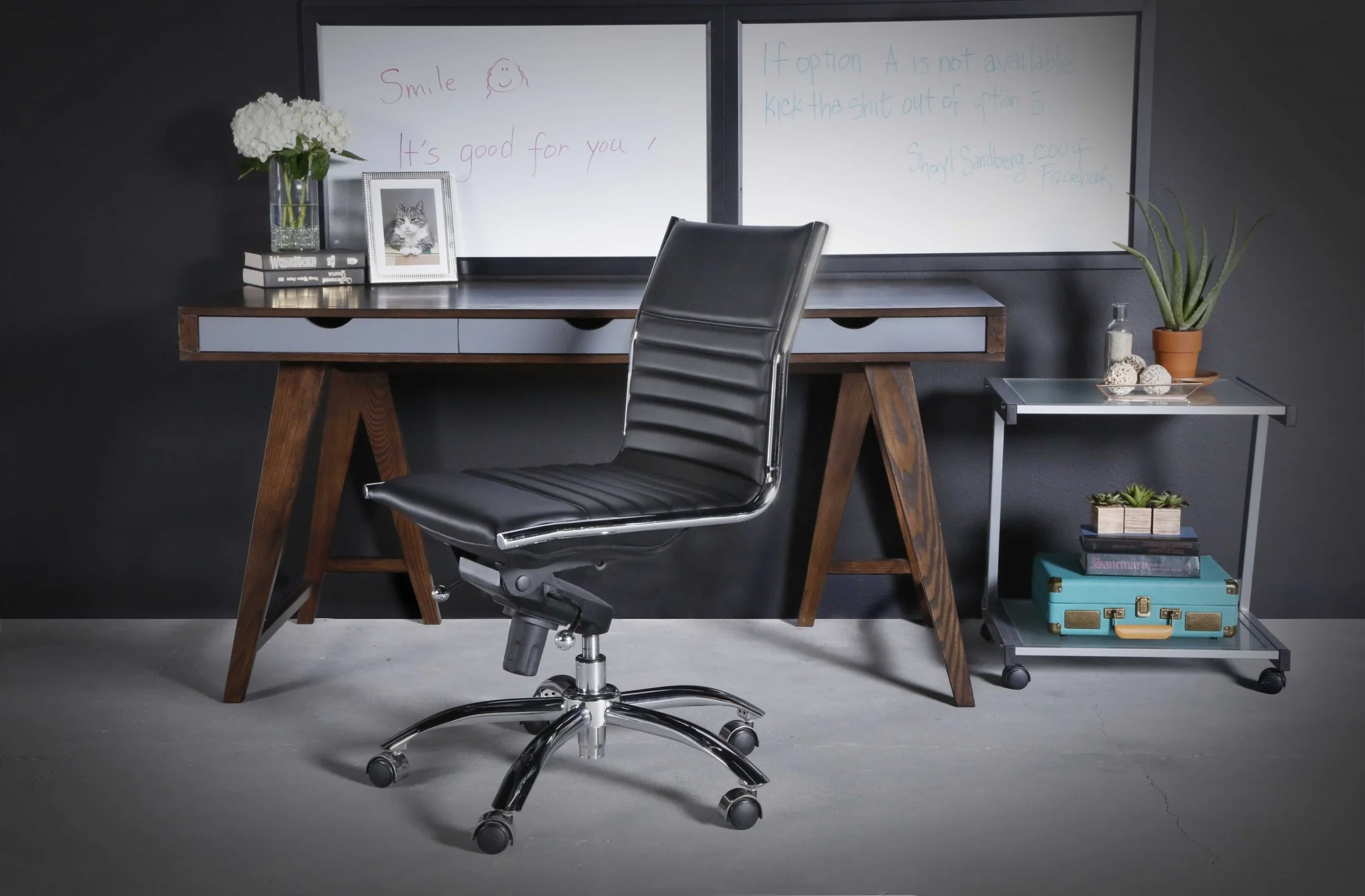 Low Back Office Chair without Armrests in Black with Chromed Steel Base By Homeroots - Image 6