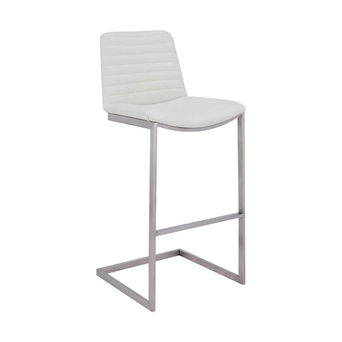 Lucas Contemporary 30" Bar Height Barstool in Brushed Stainless Steel Finish and White Faux Leather By Armen Living - Image 2