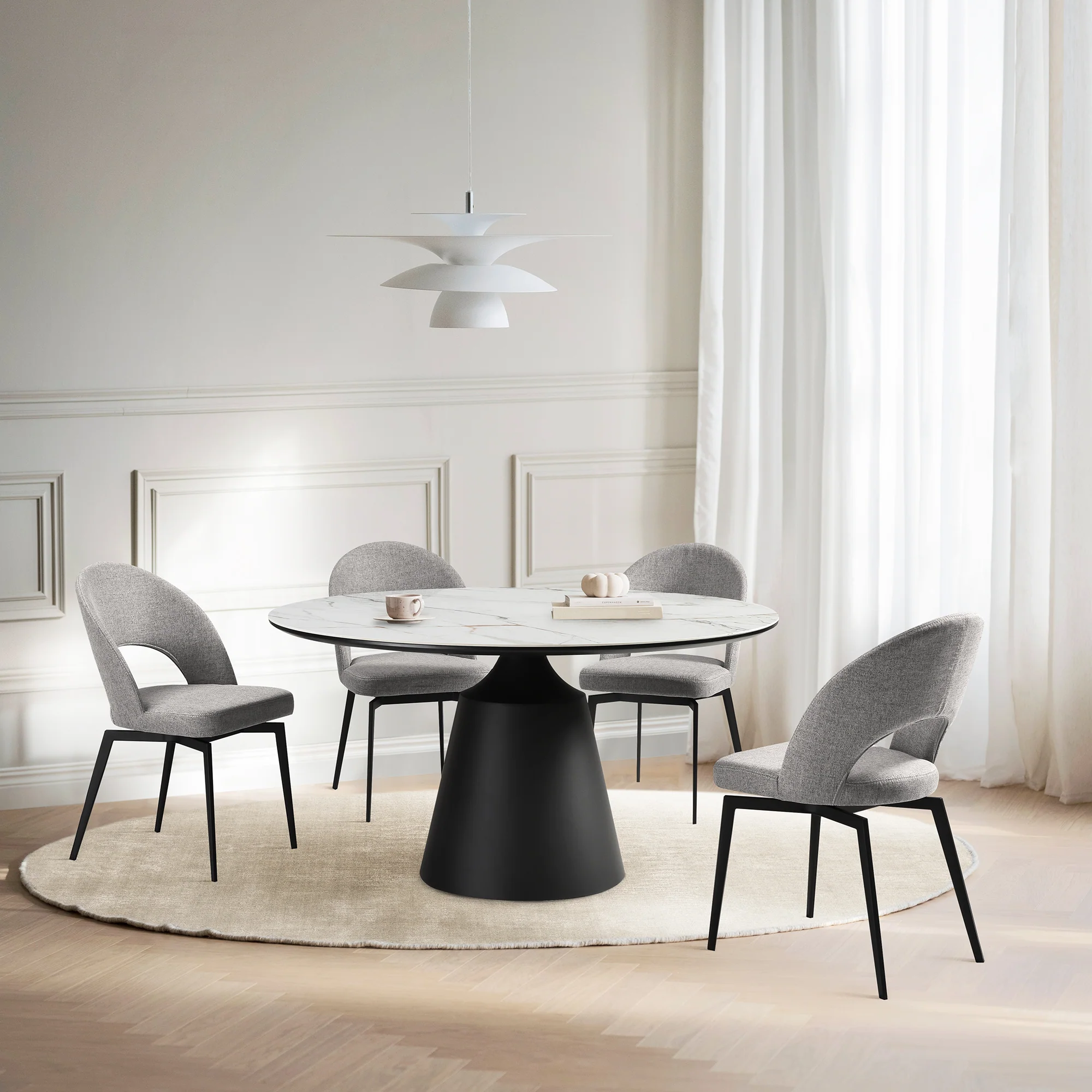 Lucia Swivel Upholstered Dining Chair in Gray Fabric with Black Metal Legs - Set of 2 By Armen Living - Image 2
